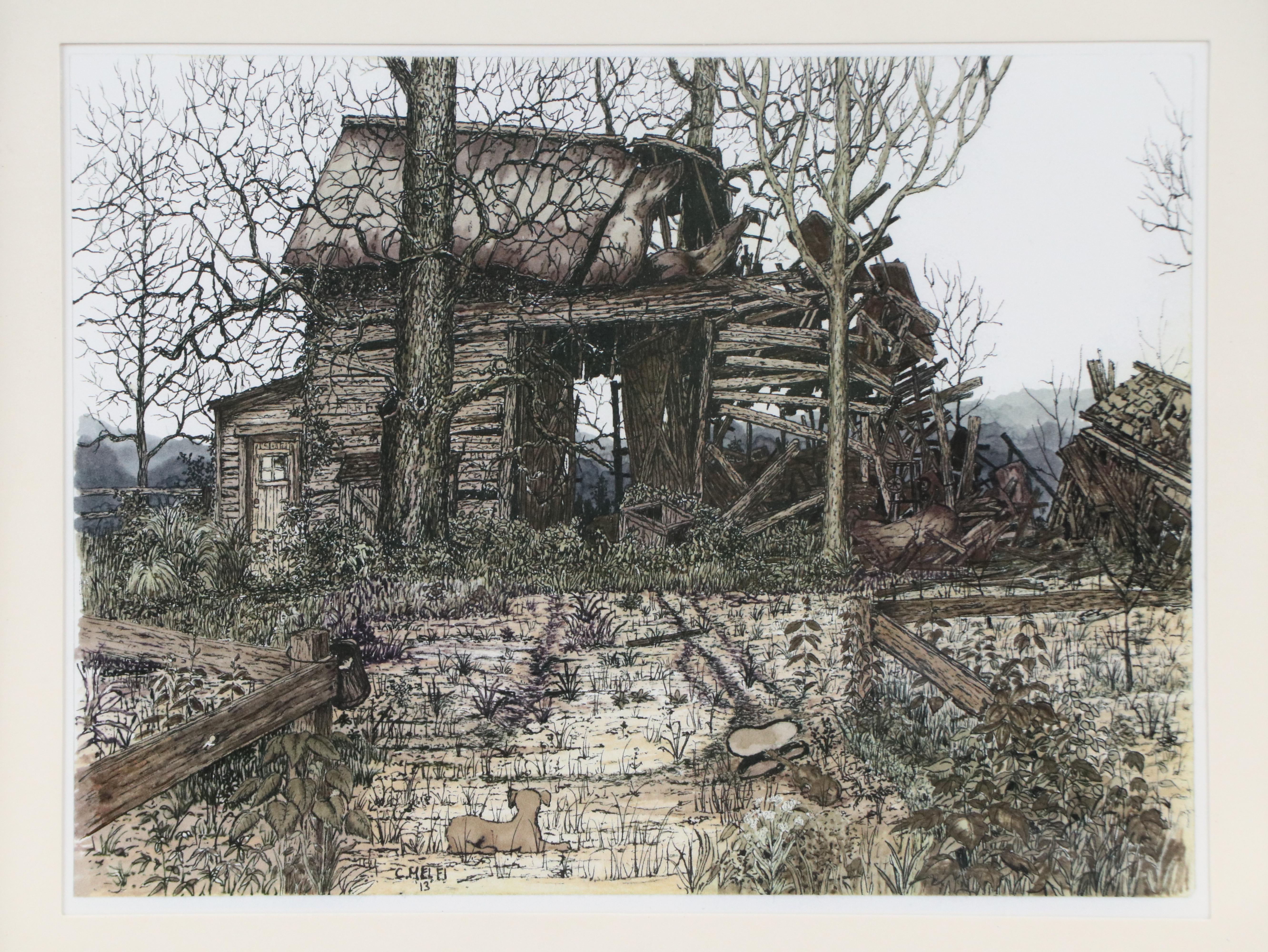 Rural Landscape With Dilapidated Farmhouse Offset Lithograph