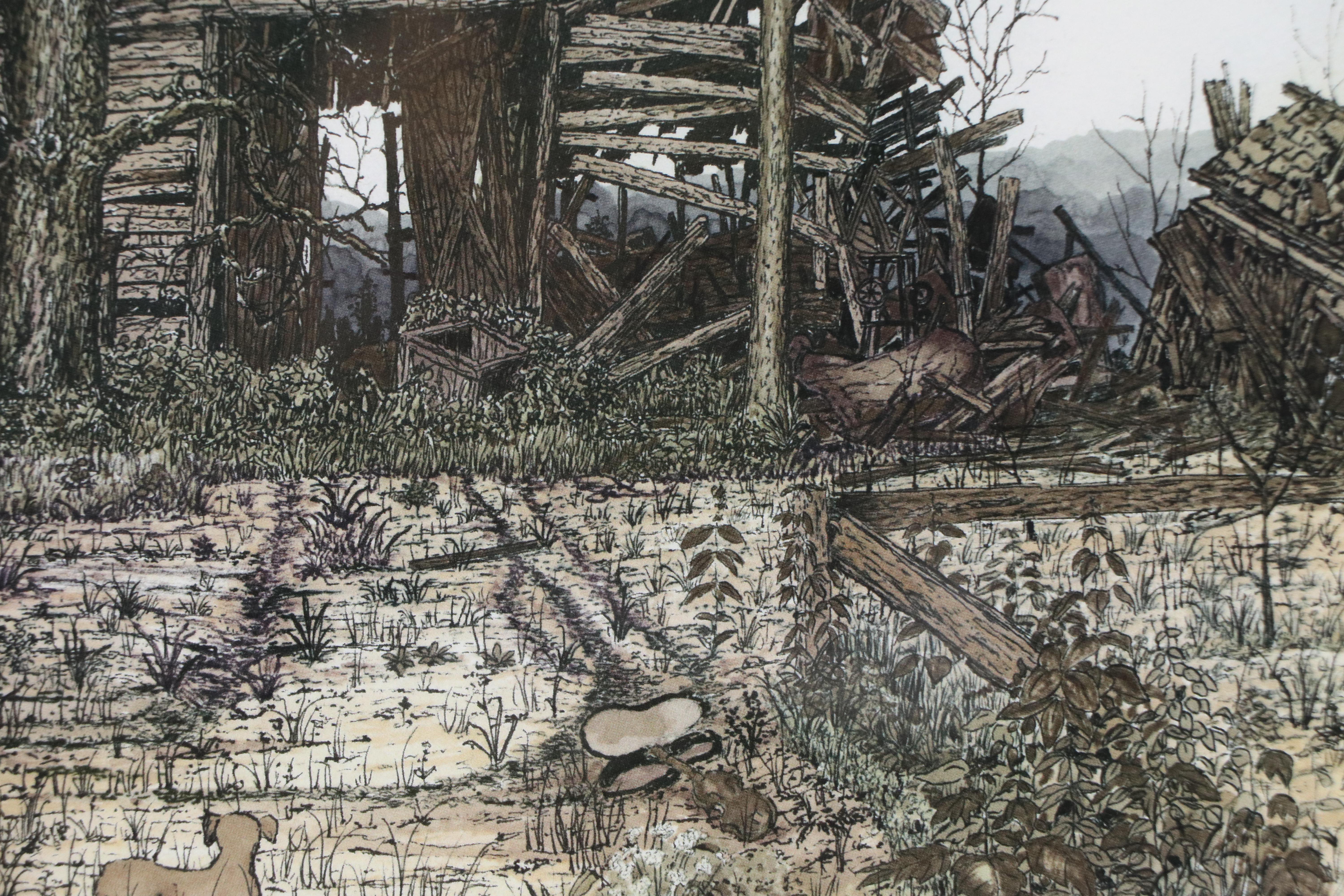Rural Landscape With Dilapidated Farmhouse Offset Lithograph