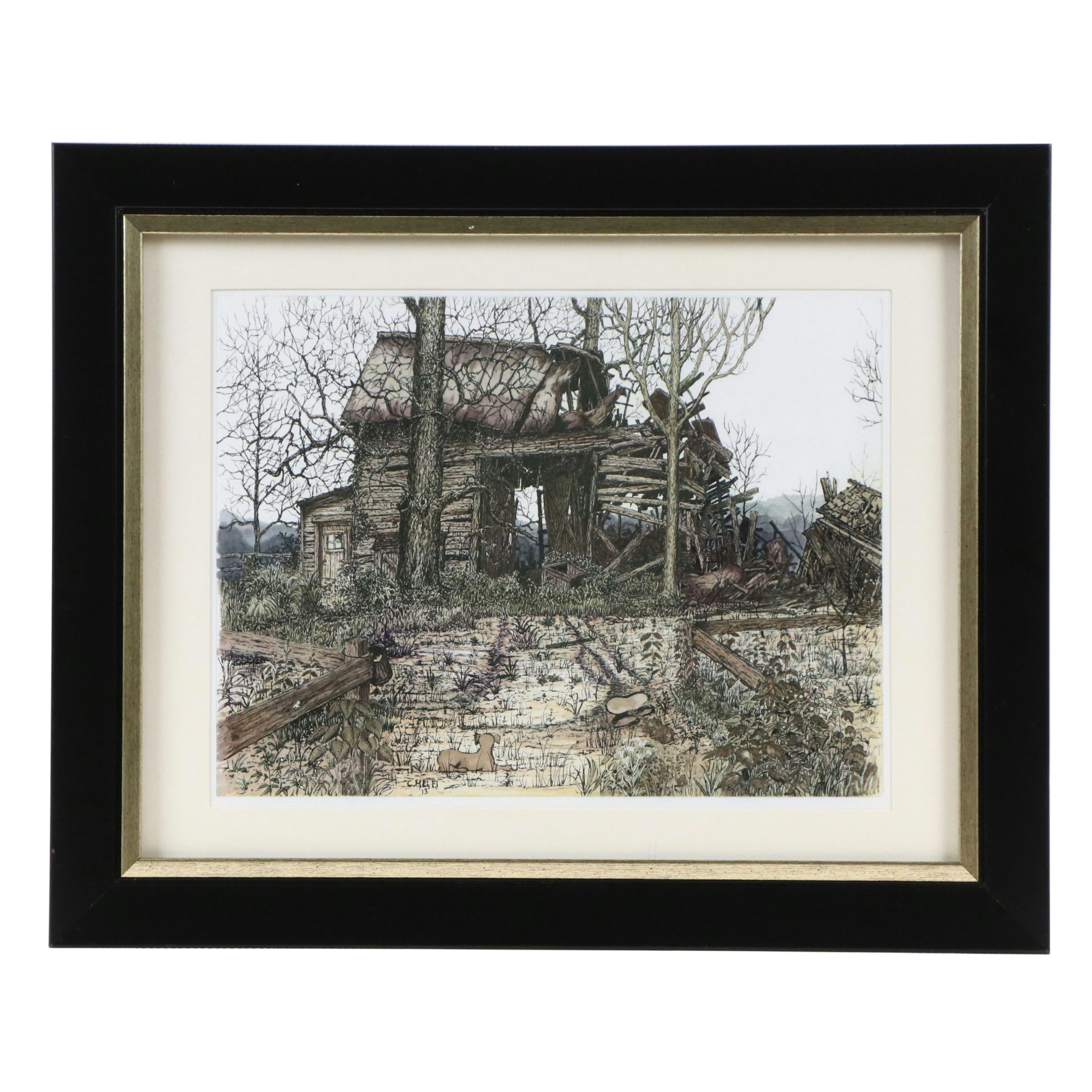 Rural Landscape With Dilapidated Farmhouse Offset Lithograph