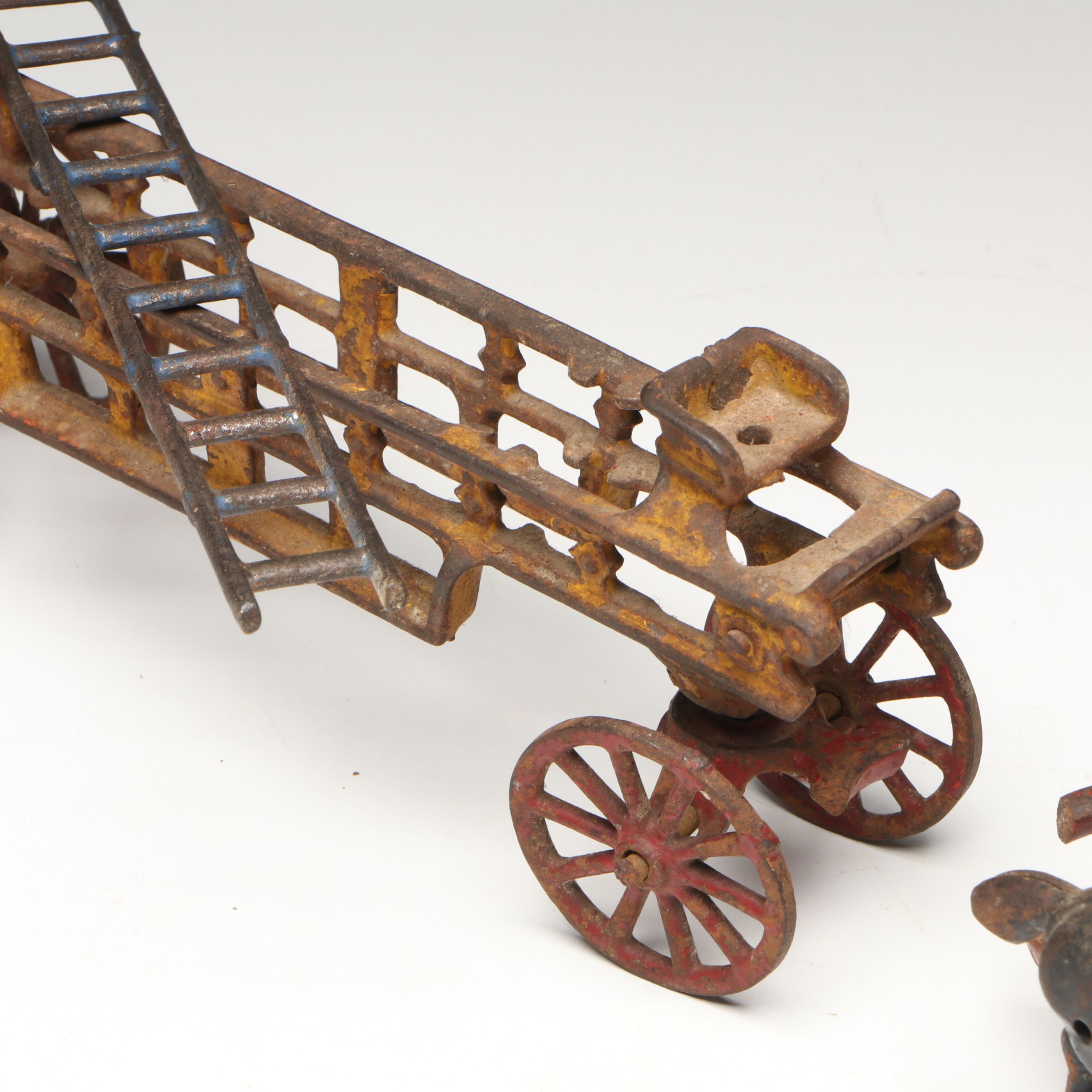 Hubley Cast Iron Horse-Drawn Fire Ladder and Water Wagon Toys