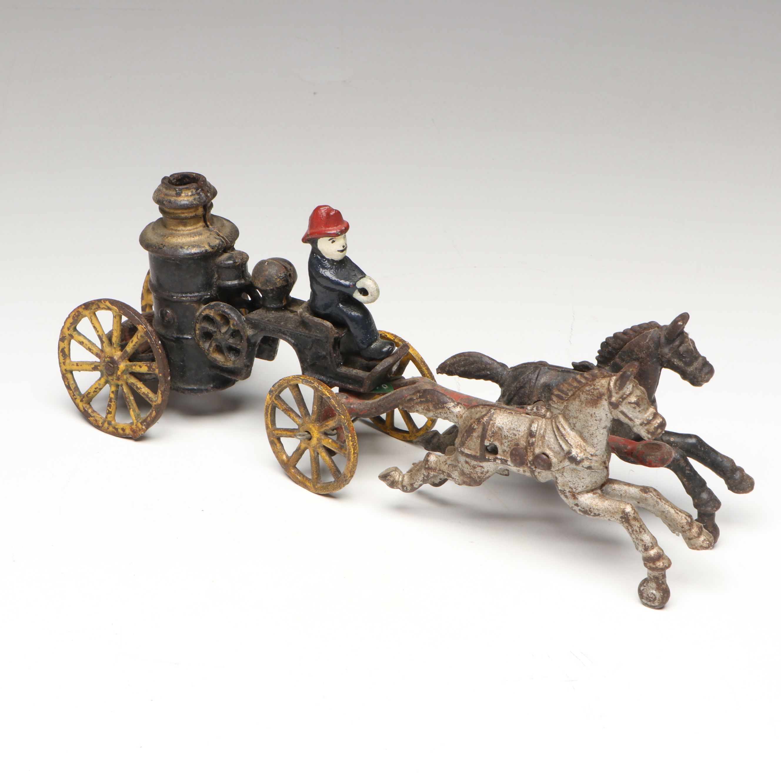 Hubley Cast Iron Horse-Drawn Fire Ladder and Water Wagon Toys