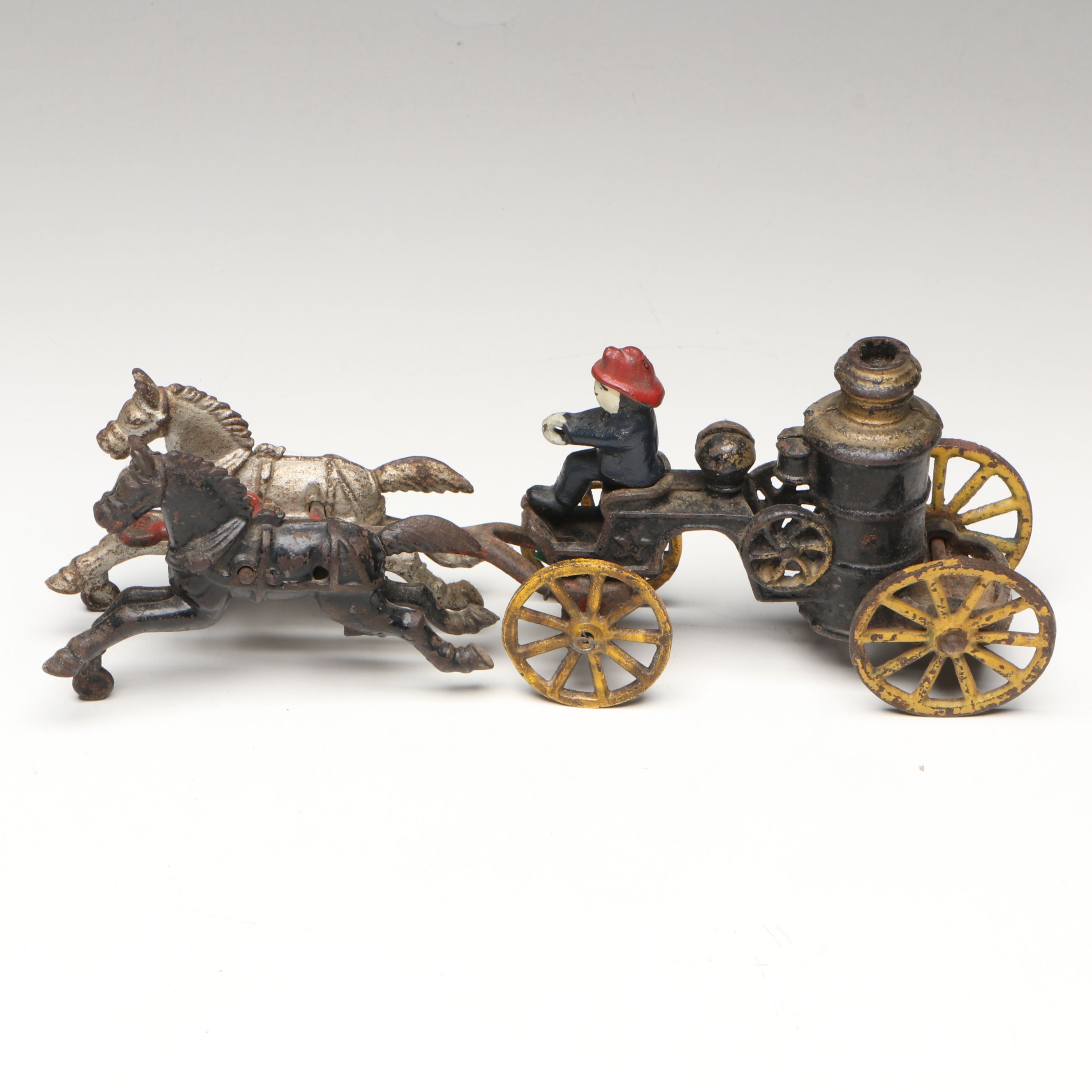 Hubley Cast Iron Horse-Drawn Fire Ladder and Water Wagon Toys