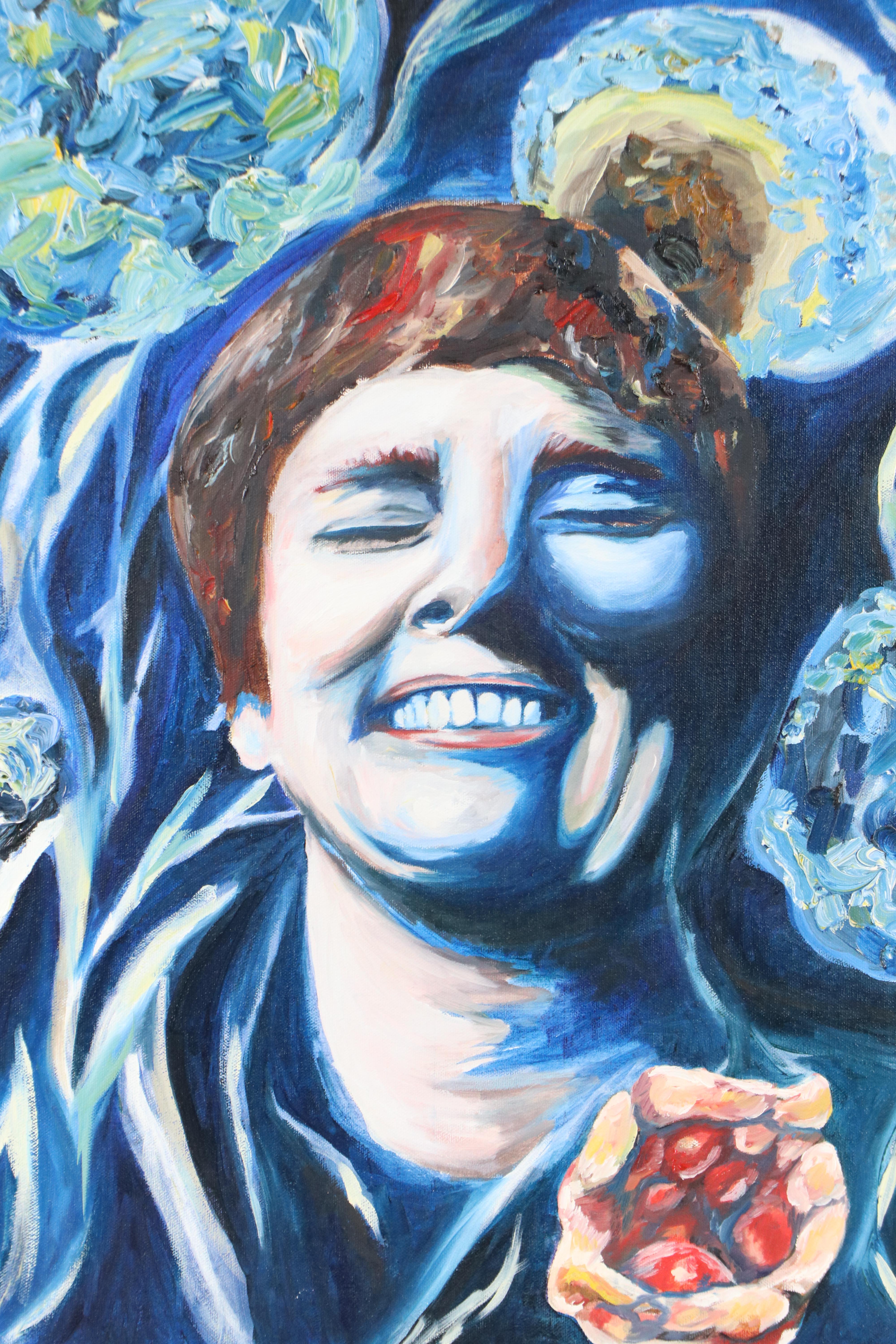 Acrylic Portrait Painting of Smiling Person, Late 20th Century