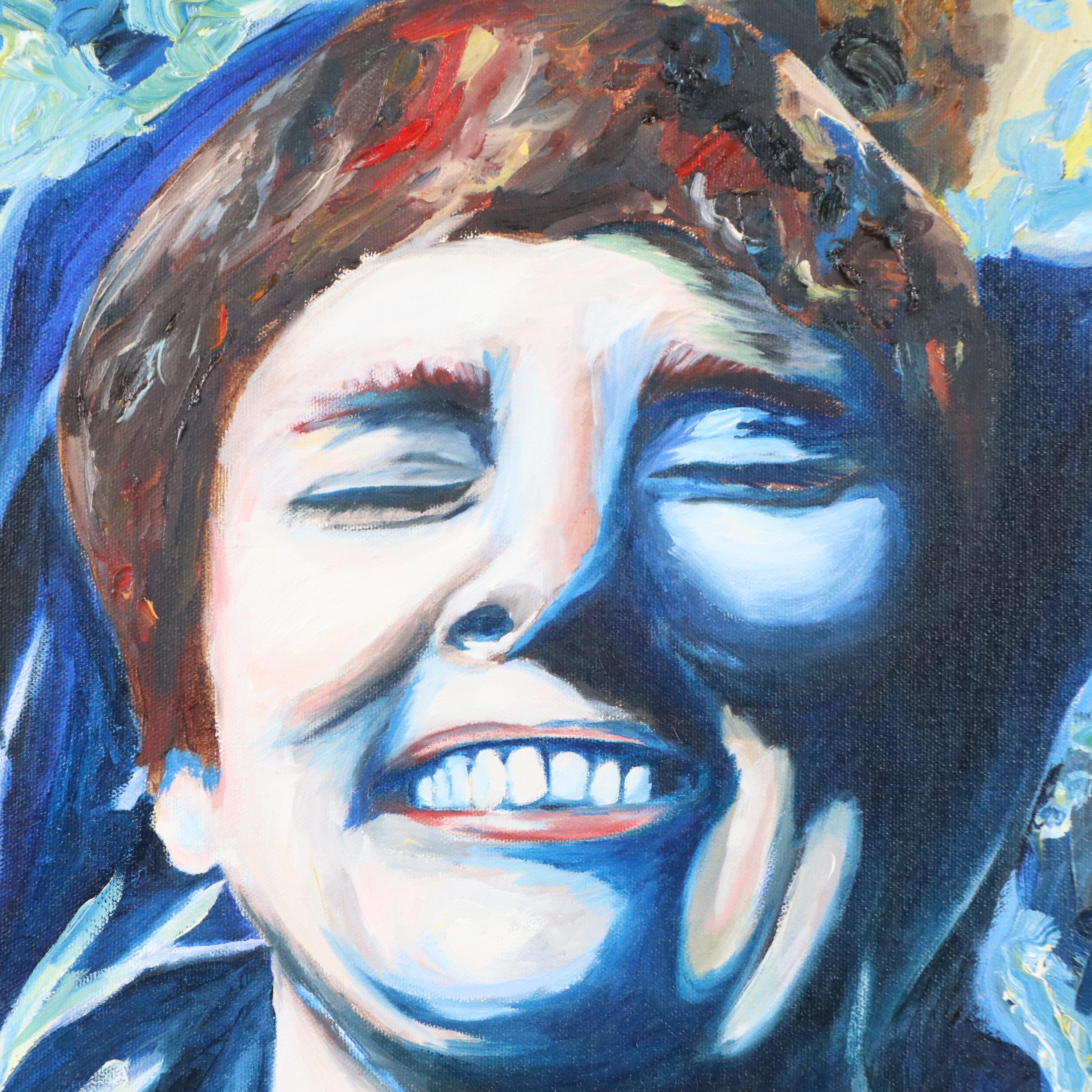 Acrylic Portrait Painting of Smiling Person, Late 20th Century