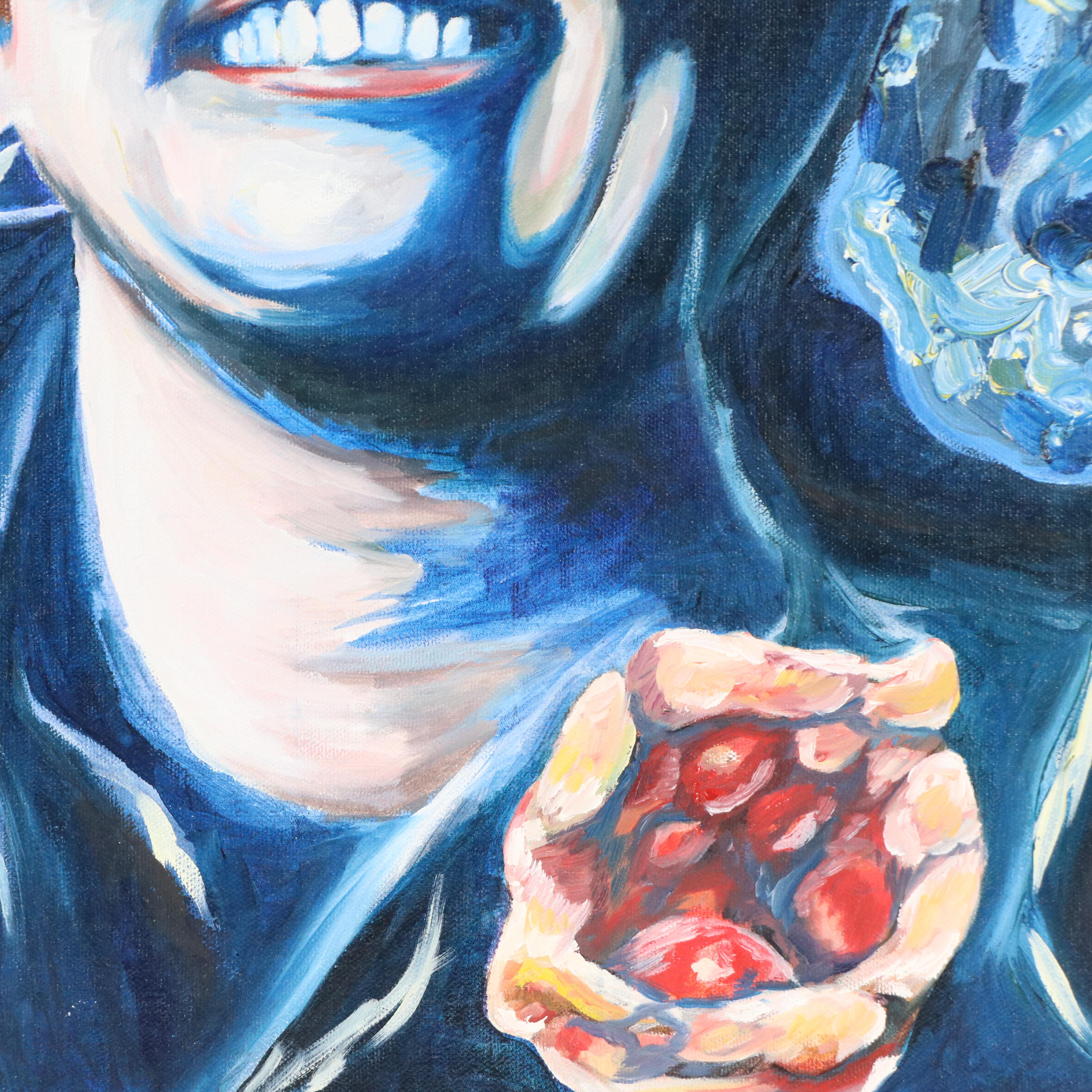 Acrylic Portrait Painting of Smiling Person, Late 20th Century