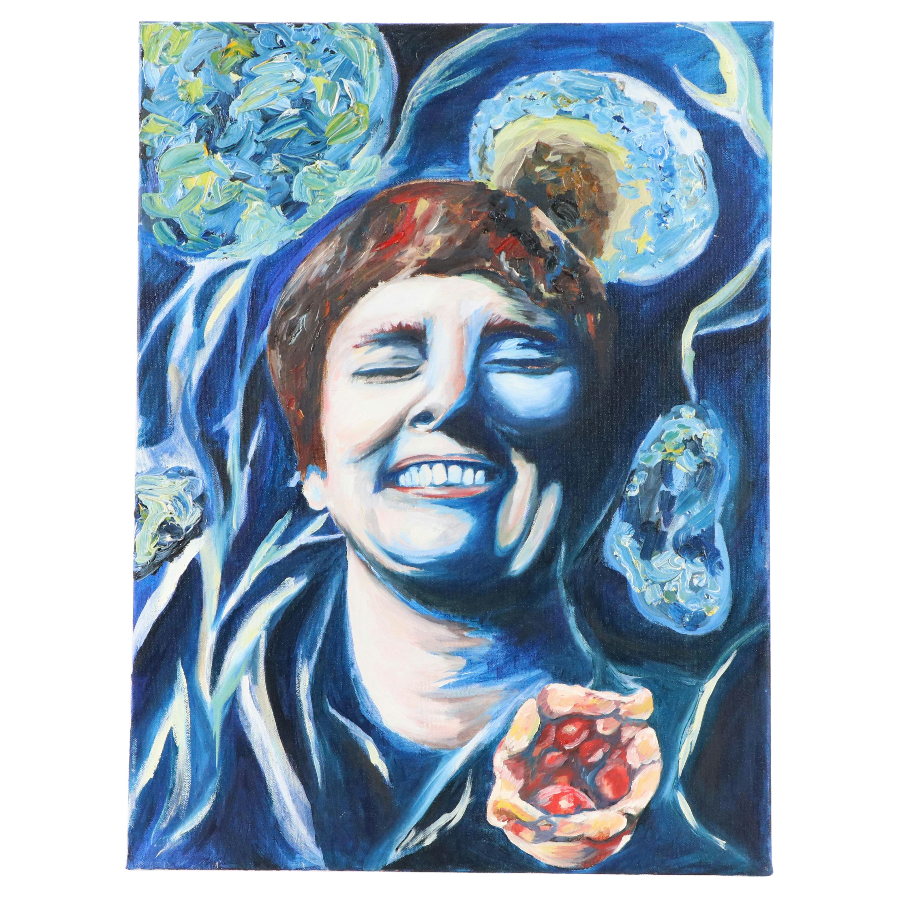 Acrylic Portrait Painting of Smiling Person, Late 20th Century