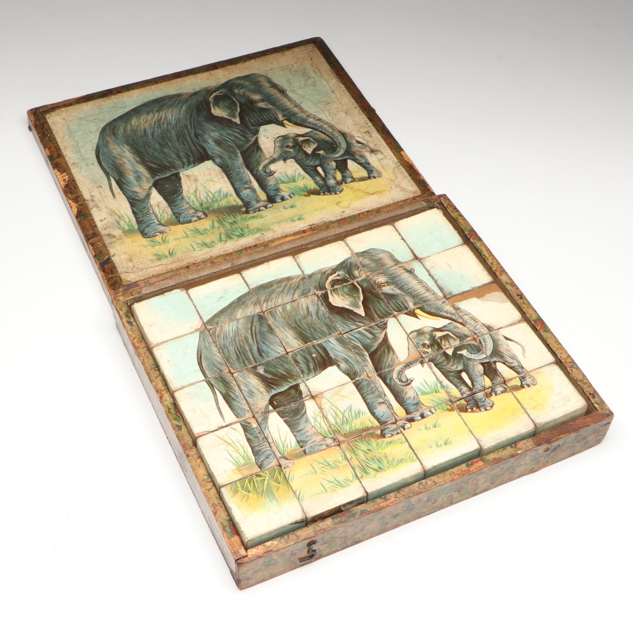 German Pictorial Elephant Children's Block Puzzle Set, Late 19th Century