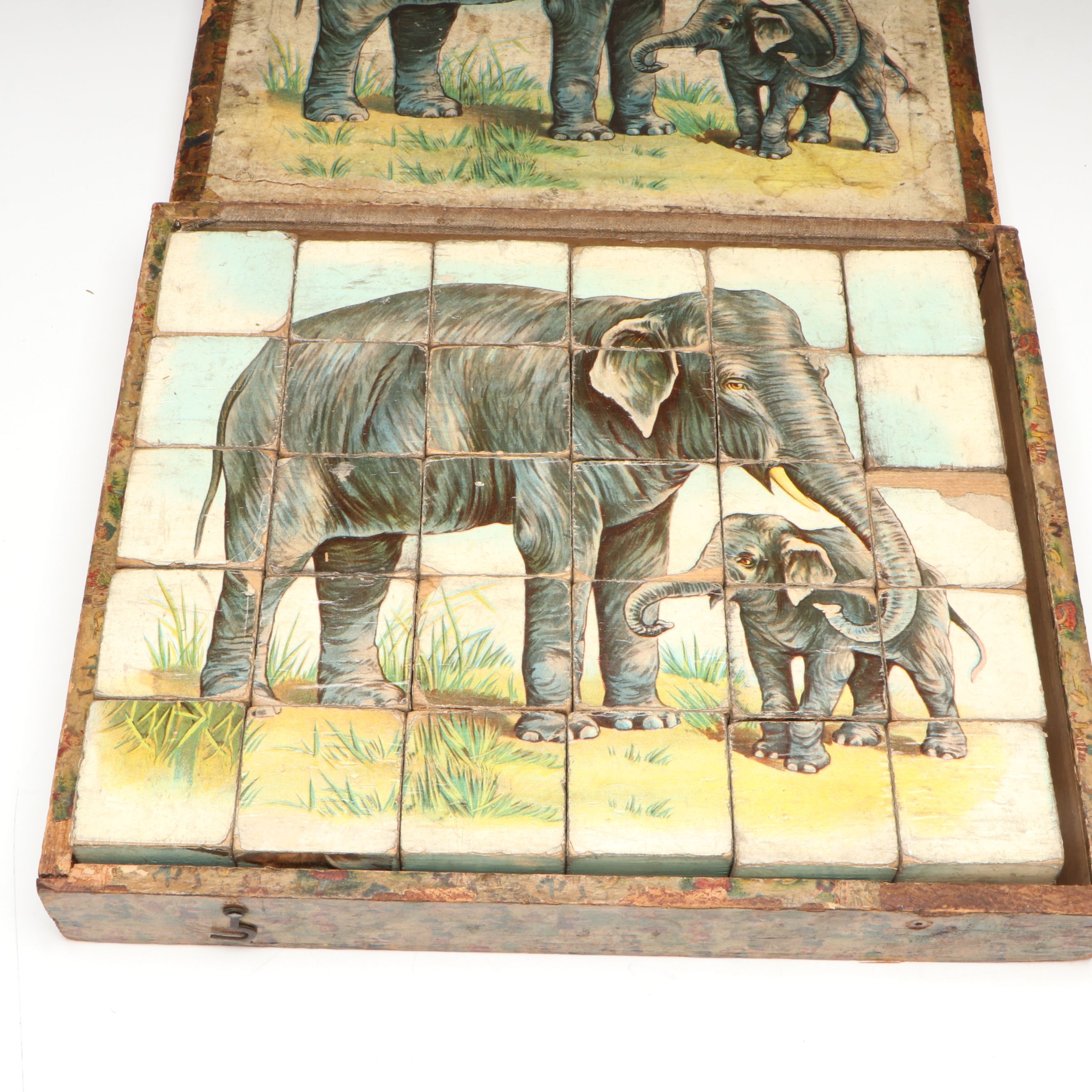 German Pictorial Elephant Children's Block Puzzle Set, Late 19th Century