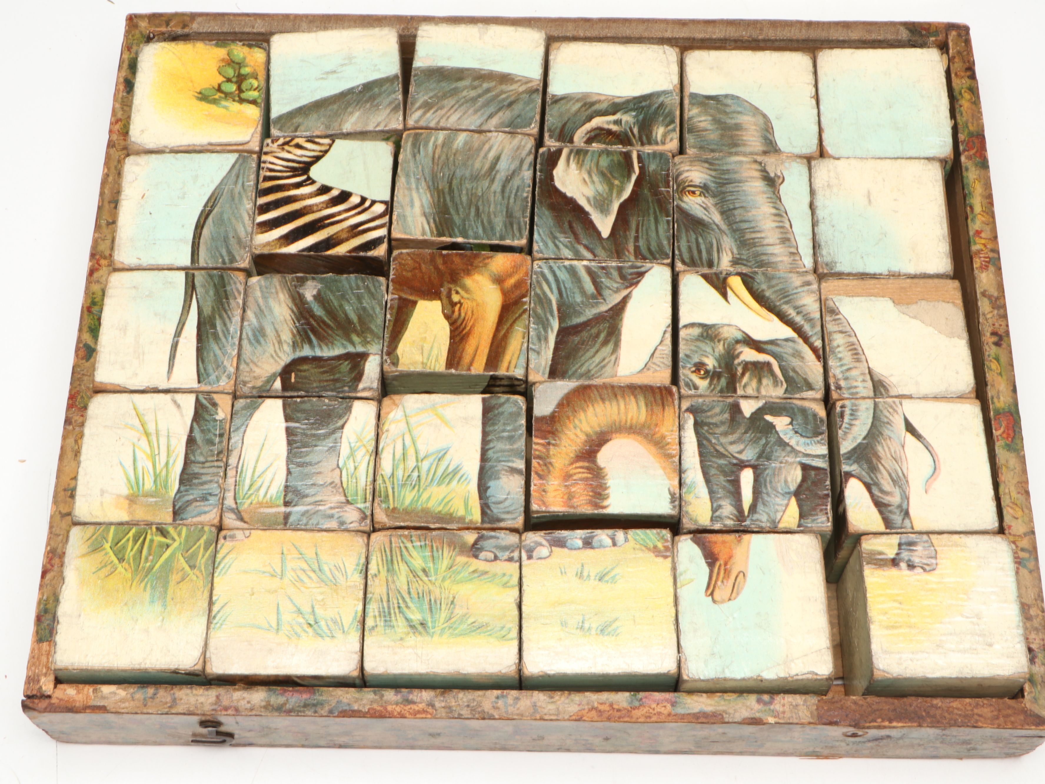 German Pictorial Elephant Children's Block Puzzle Set, Late 19th Century