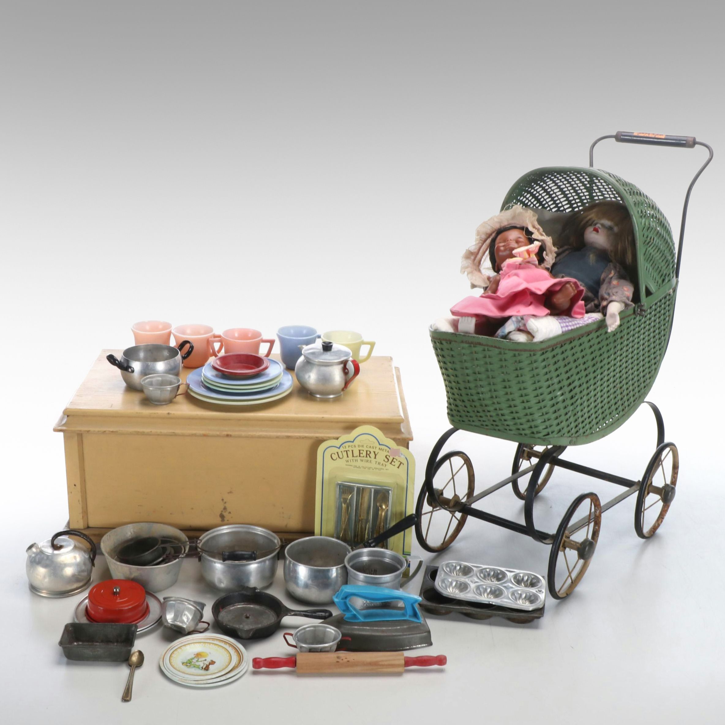 Children's Miniature Toy Kitchen Appliances and Dolls in Carriage