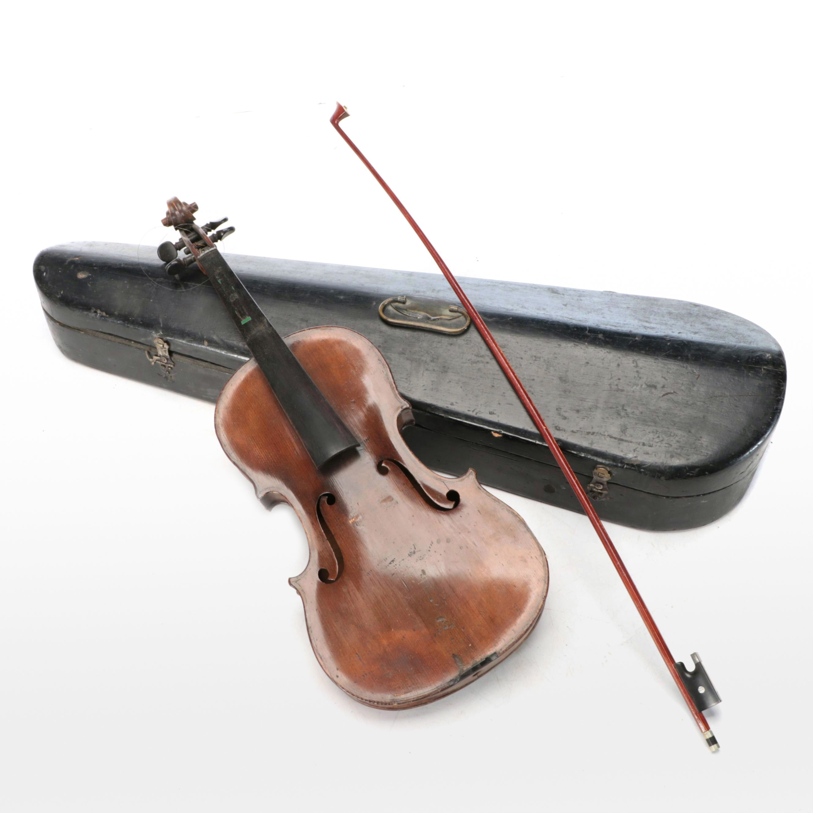Full-Size Wood Violin with Bow and Case, Early 20th Century