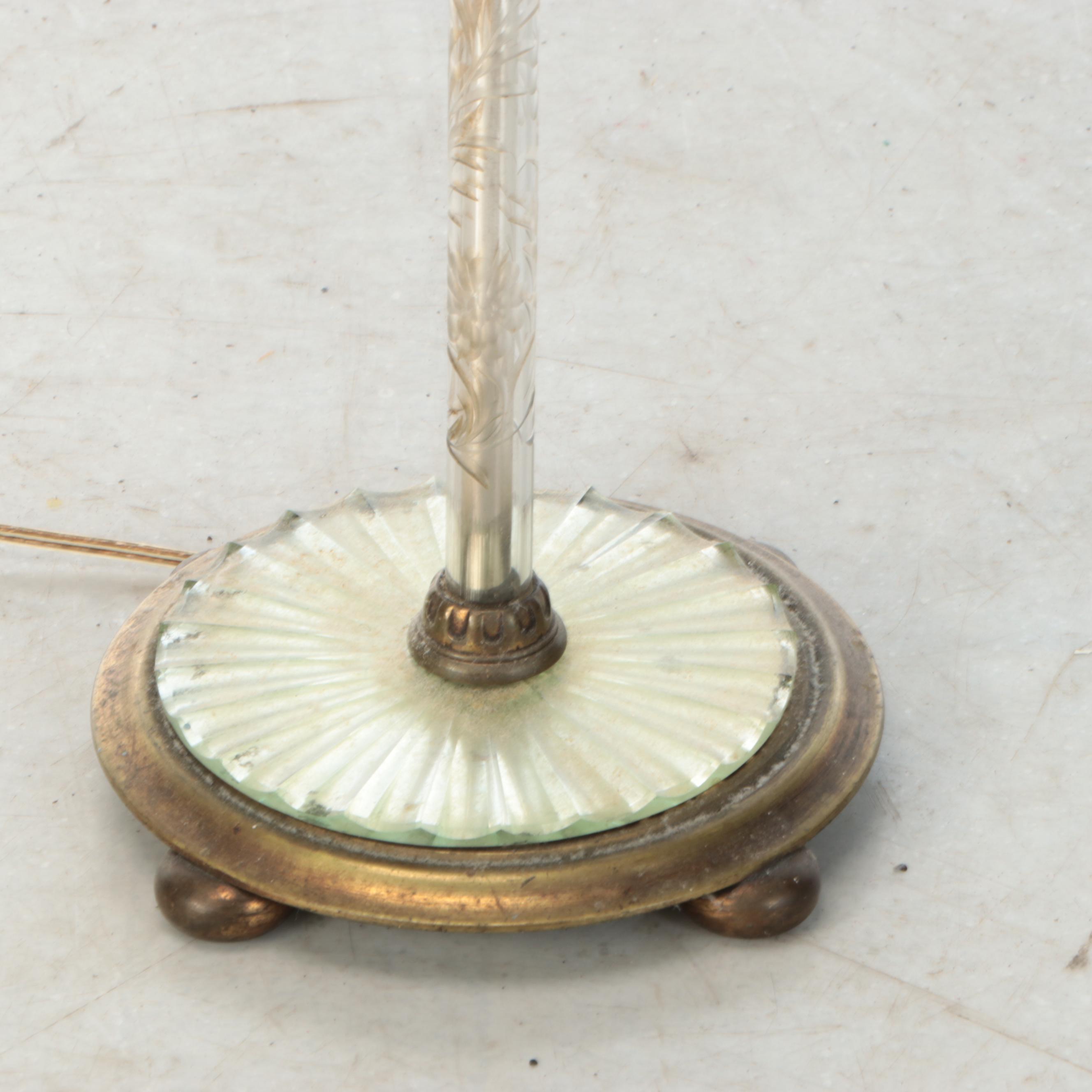 Venetian Style Etched Glass Column Floor Lamp with Drum Shade