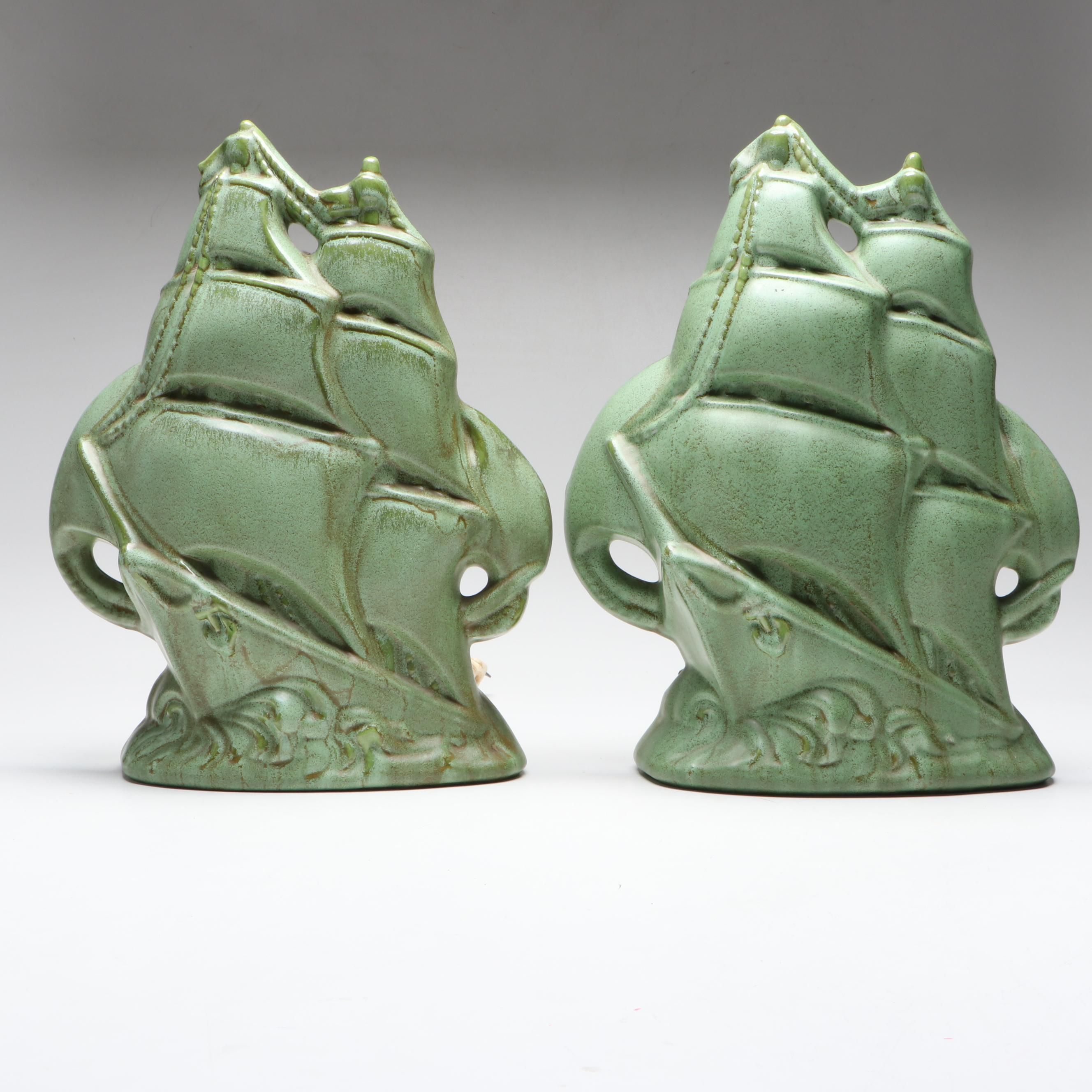 Gonder Pottery Mfg. Green Glazed Clipper Ship Ceramic Table Lamps