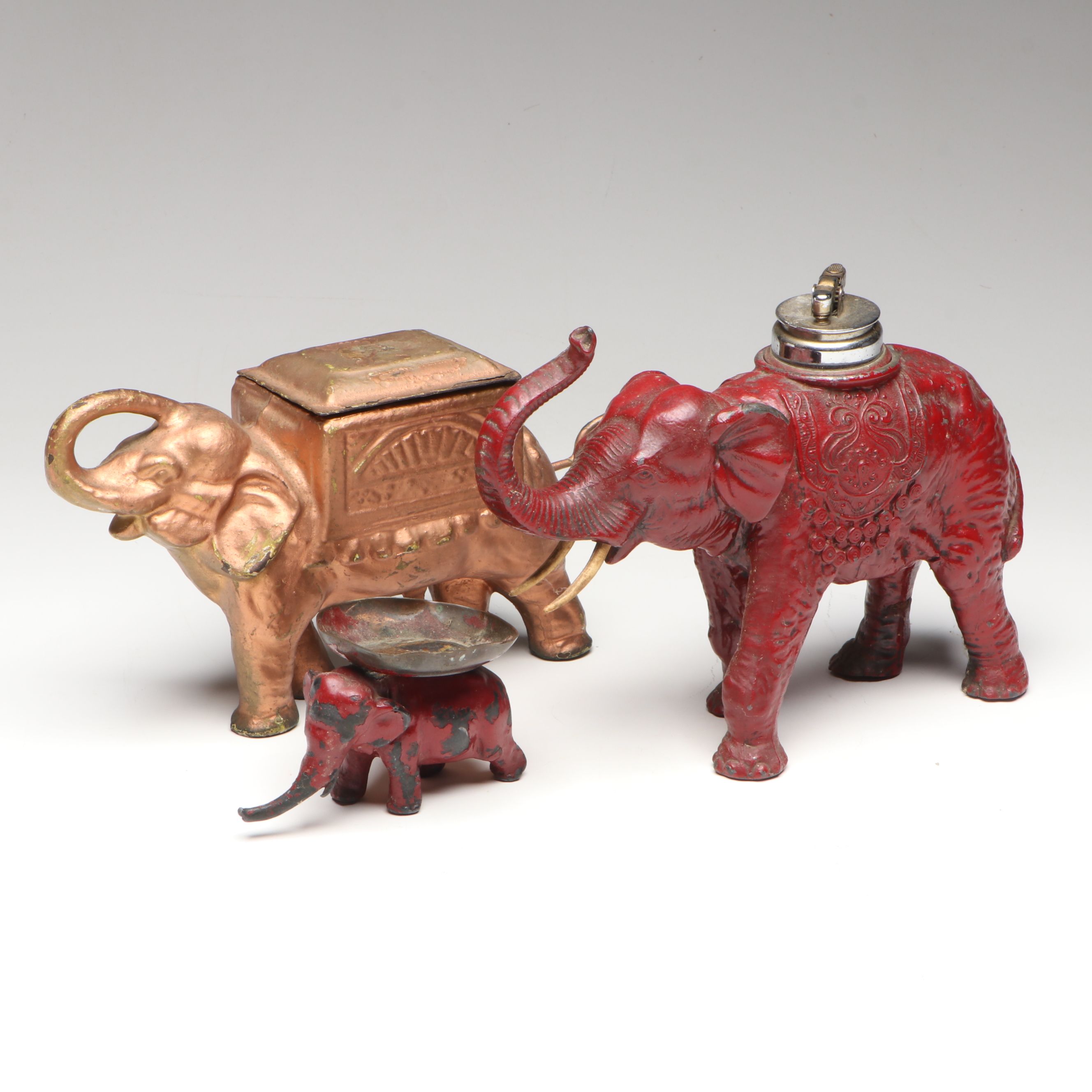Cast Iron Elephant Cigarette Dispenser with Cold-Painted Table Lighter and Dish