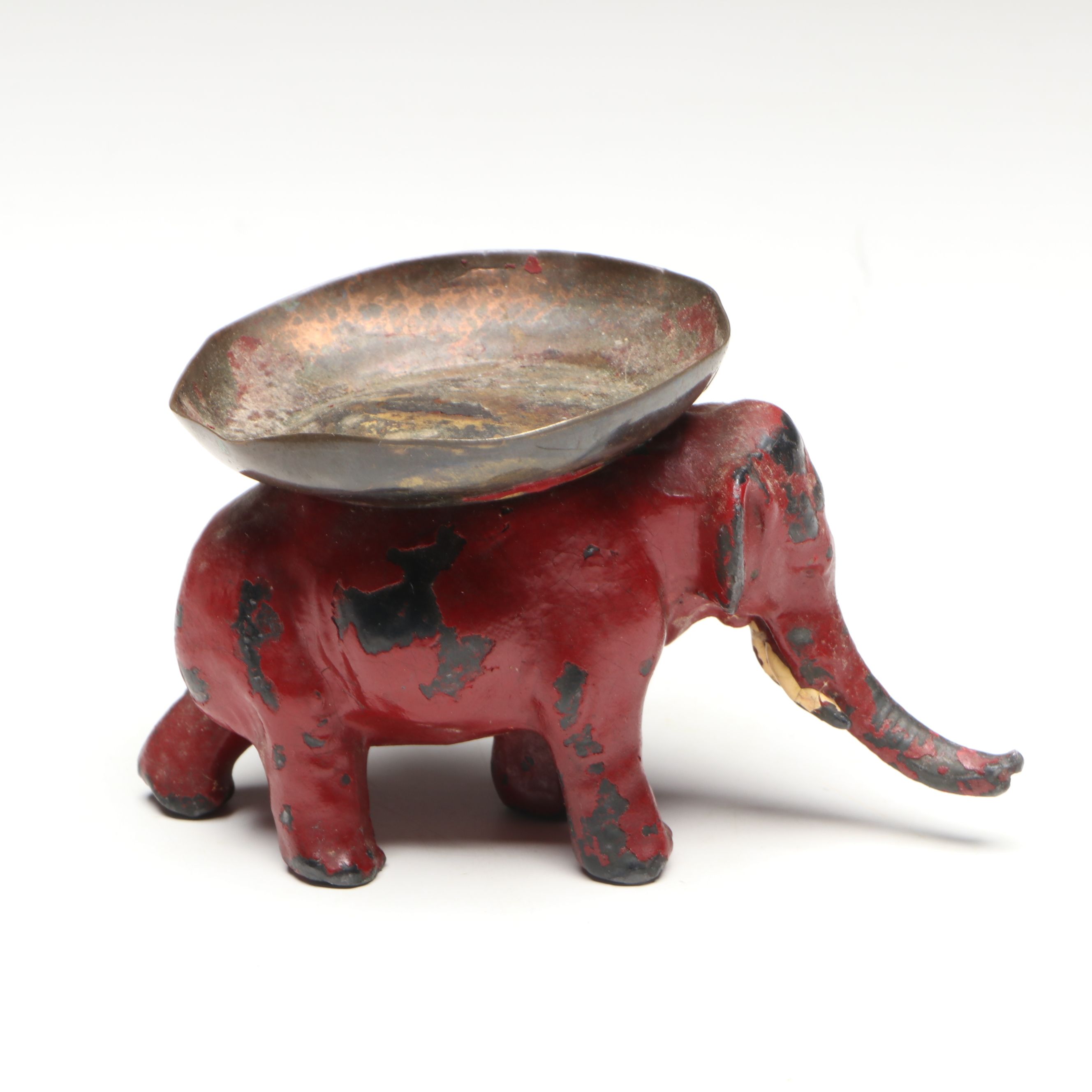 Cast Iron Elephant Cigarette Dispenser with Cold-Painted Table Lighter and Dish