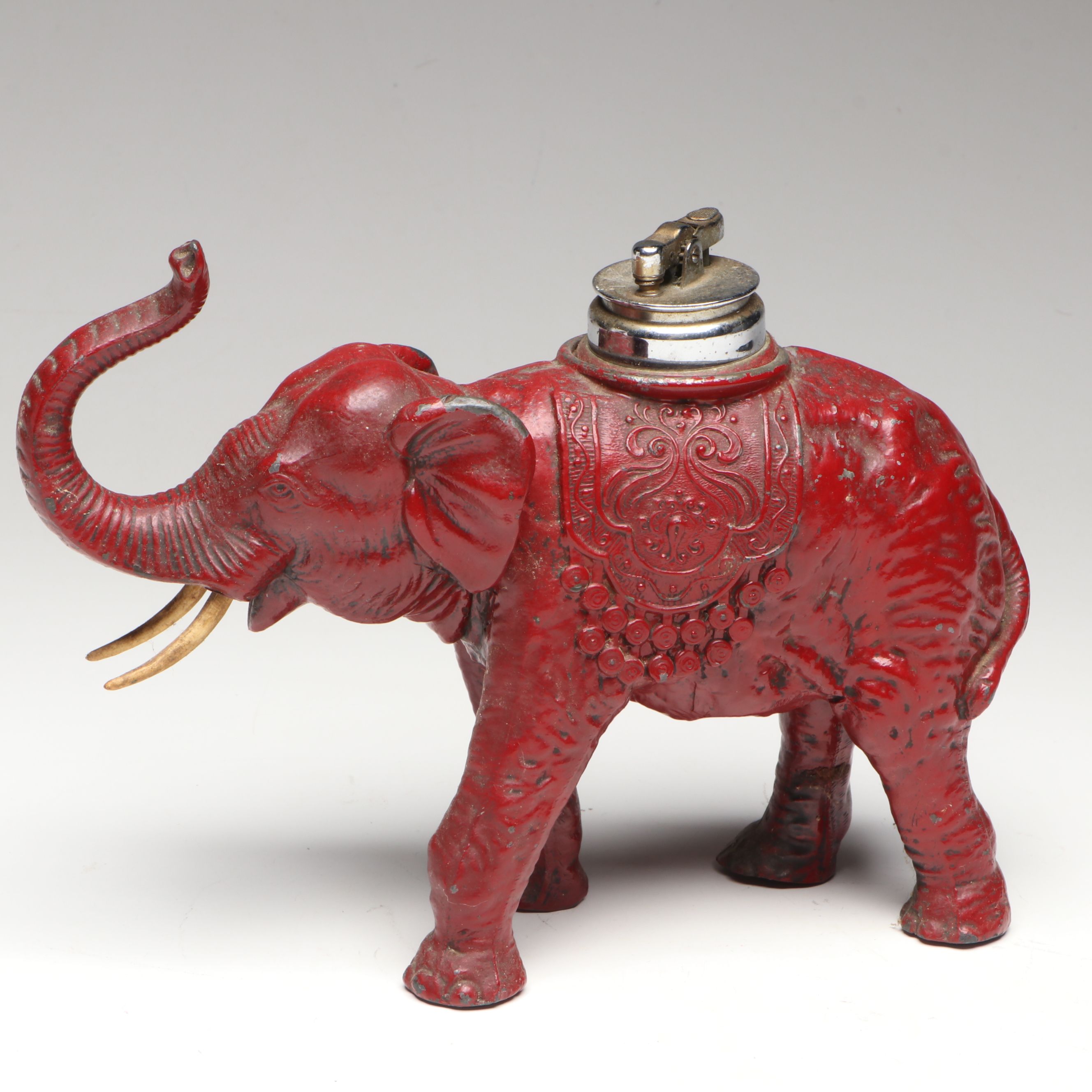 Cast Iron Elephant Cigarette Dispenser with Cold-Painted Table Lighter and Dish