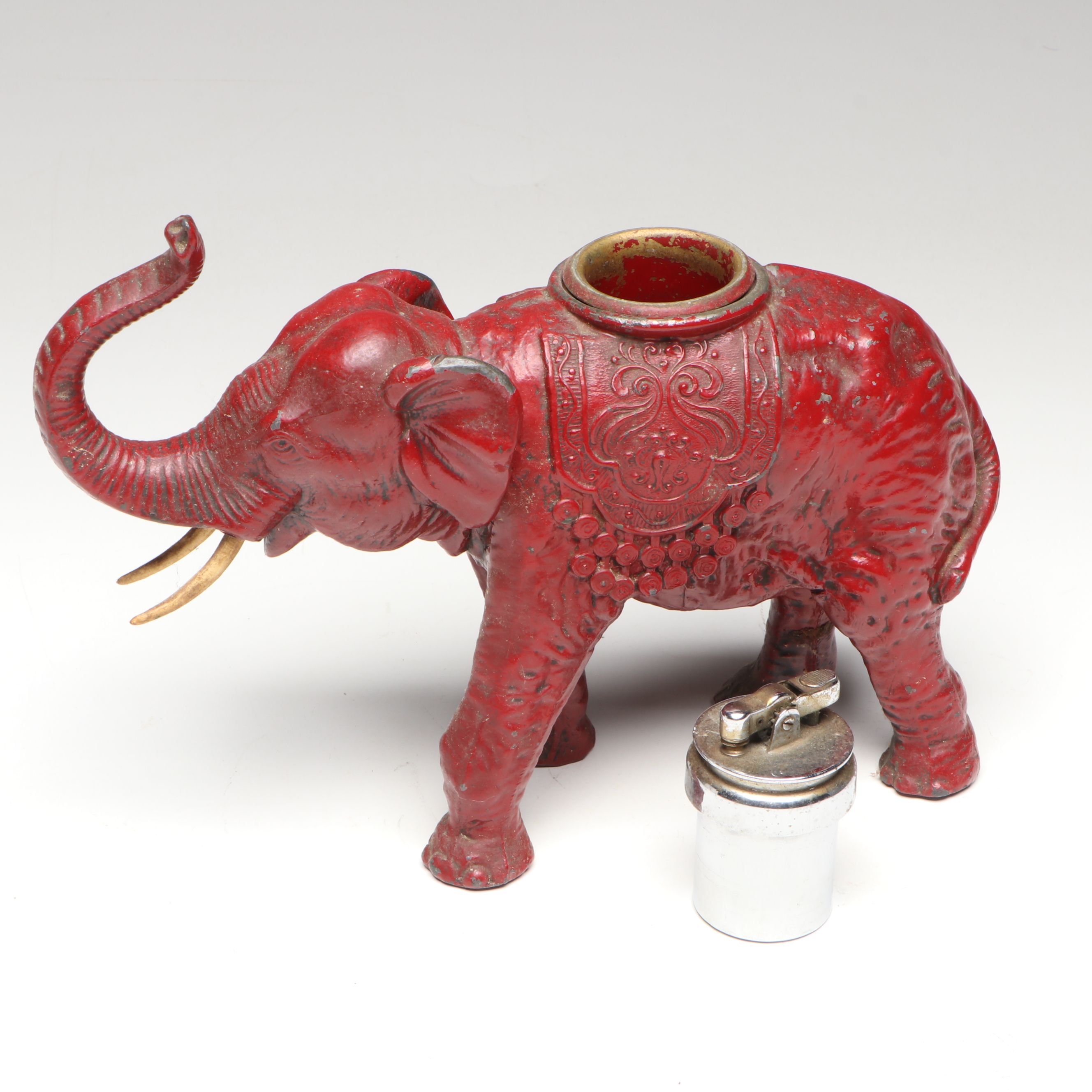 Cast Iron Elephant Cigarette Dispenser with Cold-Painted Table Lighter and Dish