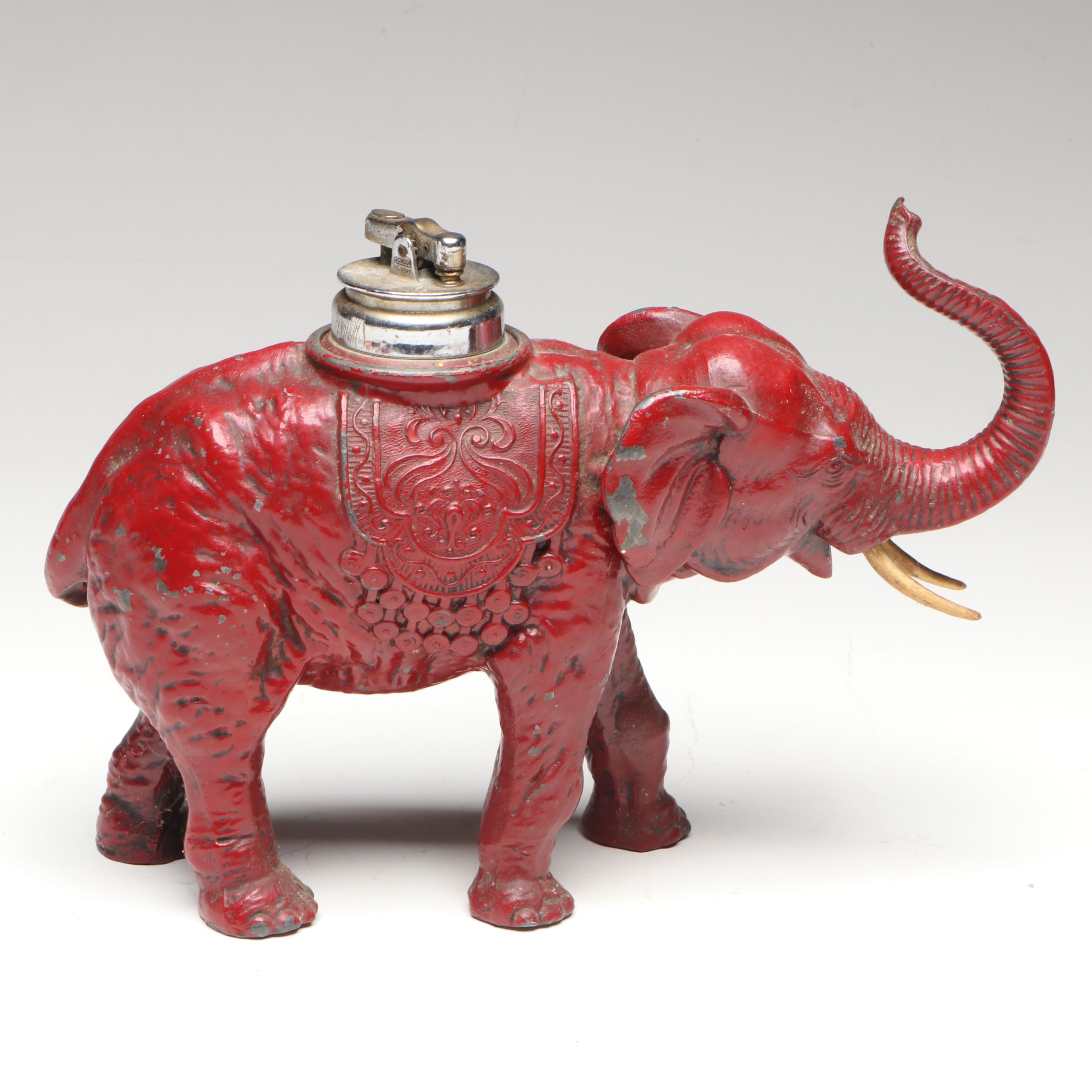Cast Iron Elephant Cigarette Dispenser with Cold-Painted Table Lighter and Dish