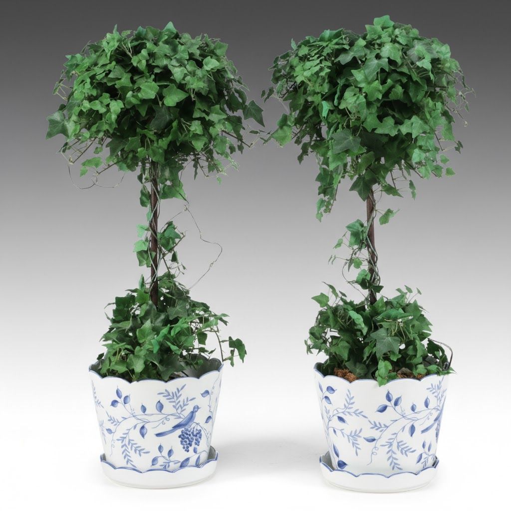 Pair of Artificial Ivy Topiaries in Andrea by Sadek Porcelain Planters