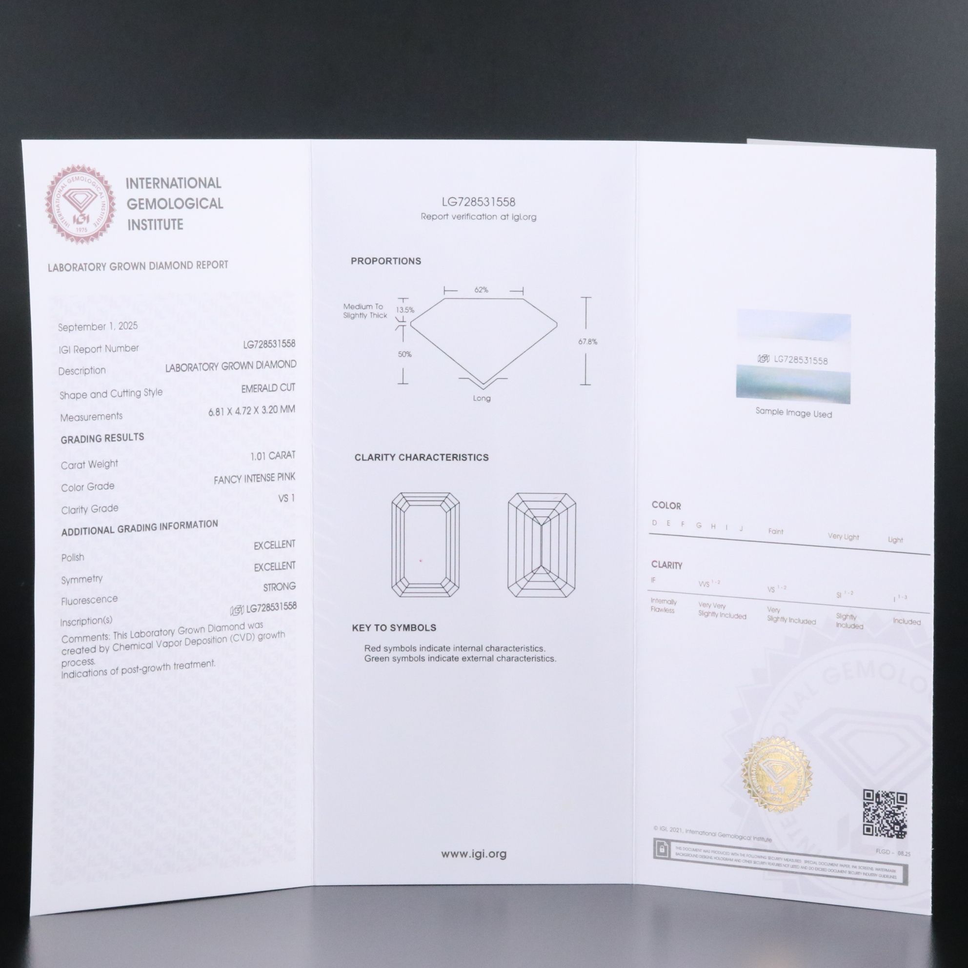 Loose 1.01 CT Lab Grown Fancy Pink Diamond with IGI Report