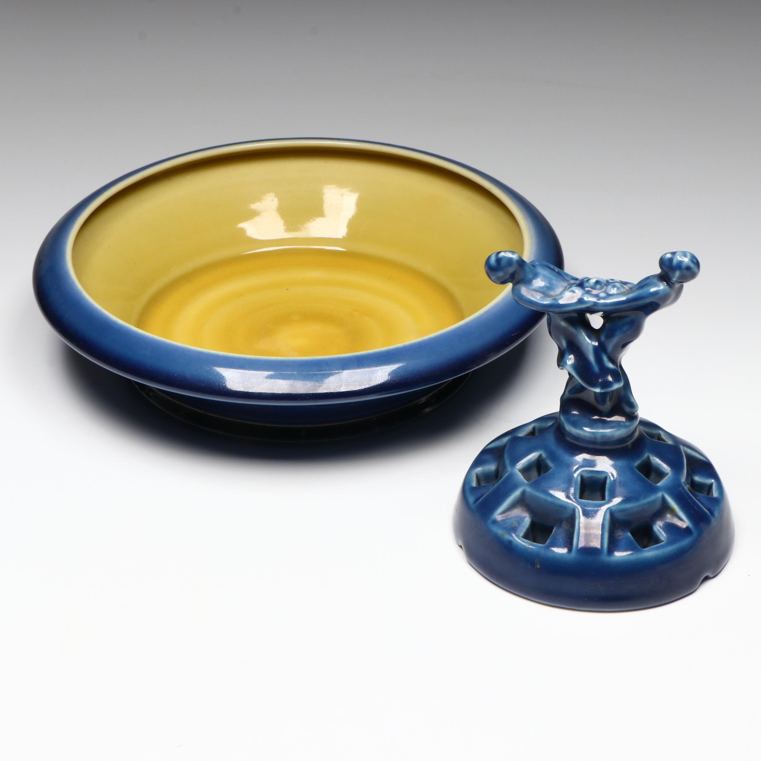 Rookwood Pottery Art Deco Couple Flower Frog and Low Bowl, 1921 & 1922