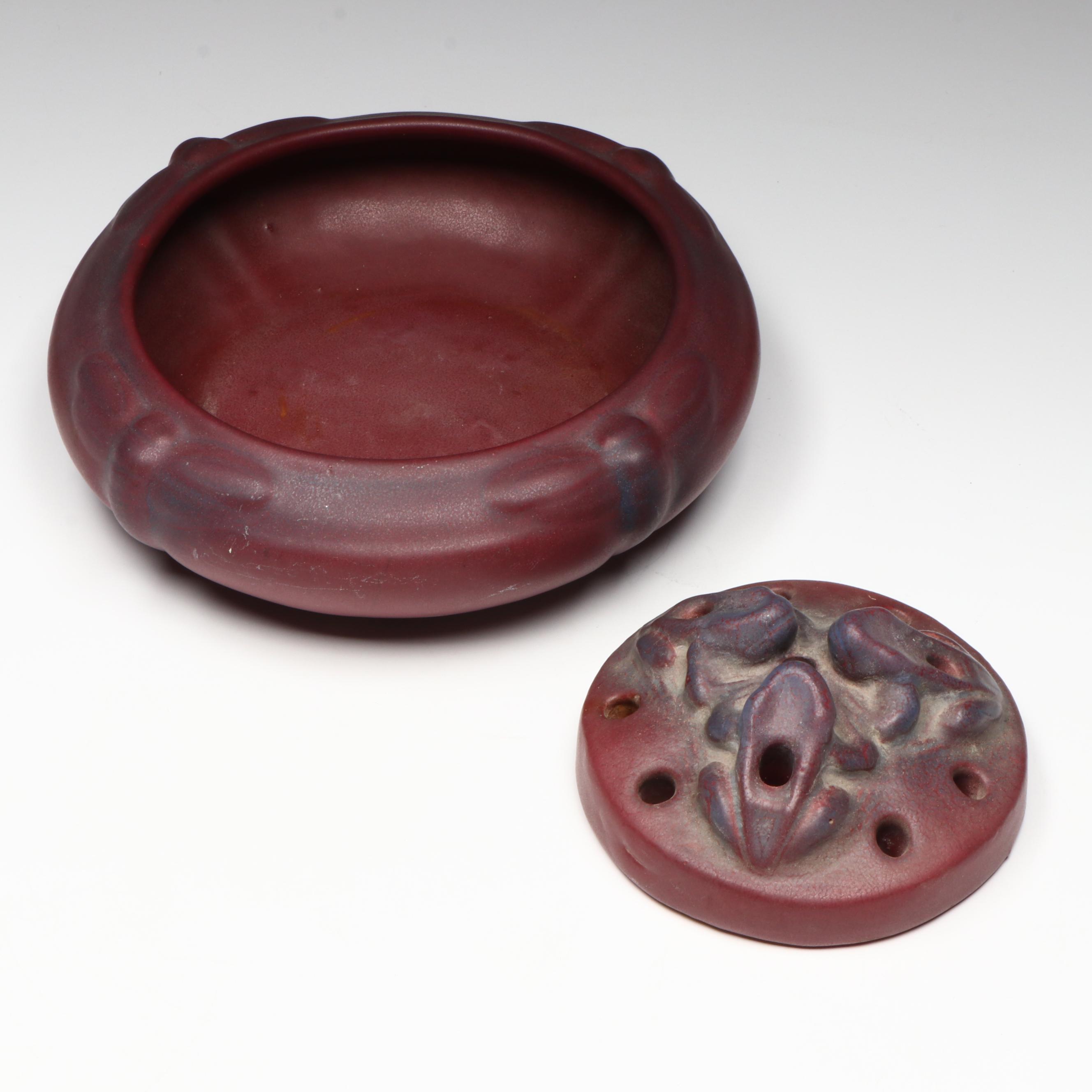 Van Briggle Pottery Dragonfly Bowl with Three Frogs Flower Frog