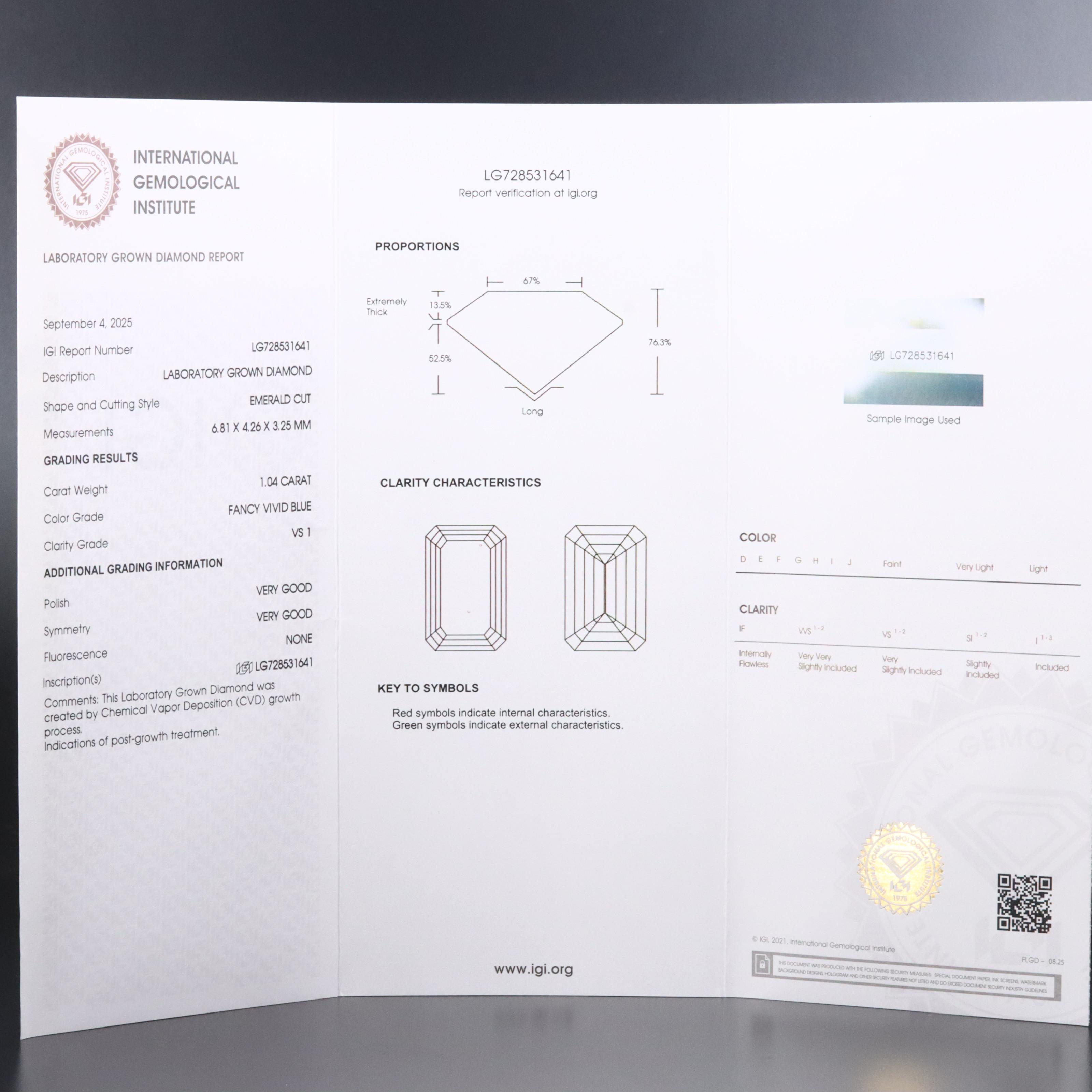 Loose 1.04 CT Fancy Vivid Blue Lab Grown Diamond with IGI Report