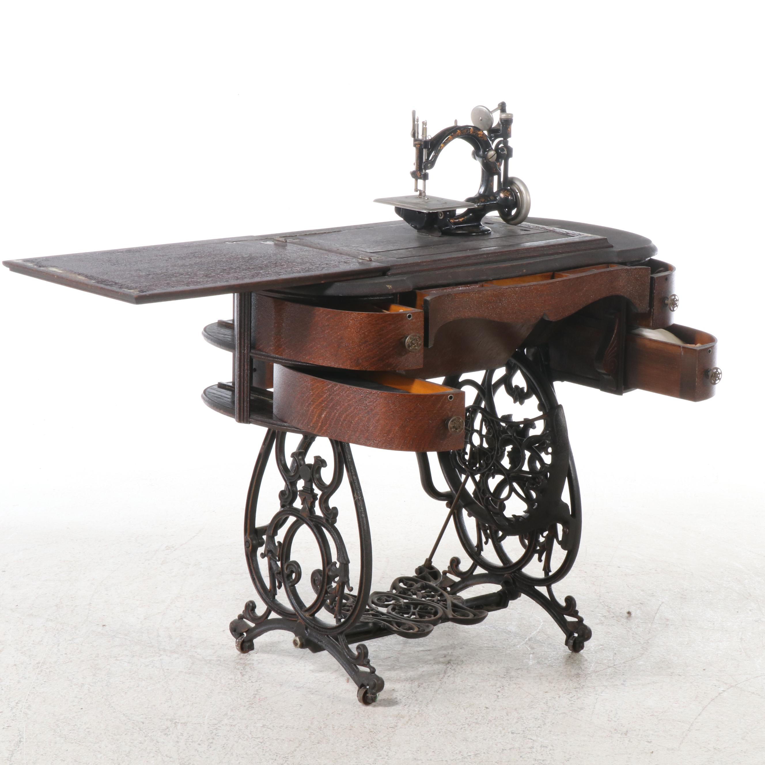 B. Eldredge Badged National Chain-Stitch Sewing Machine & Treadle Table, Antique