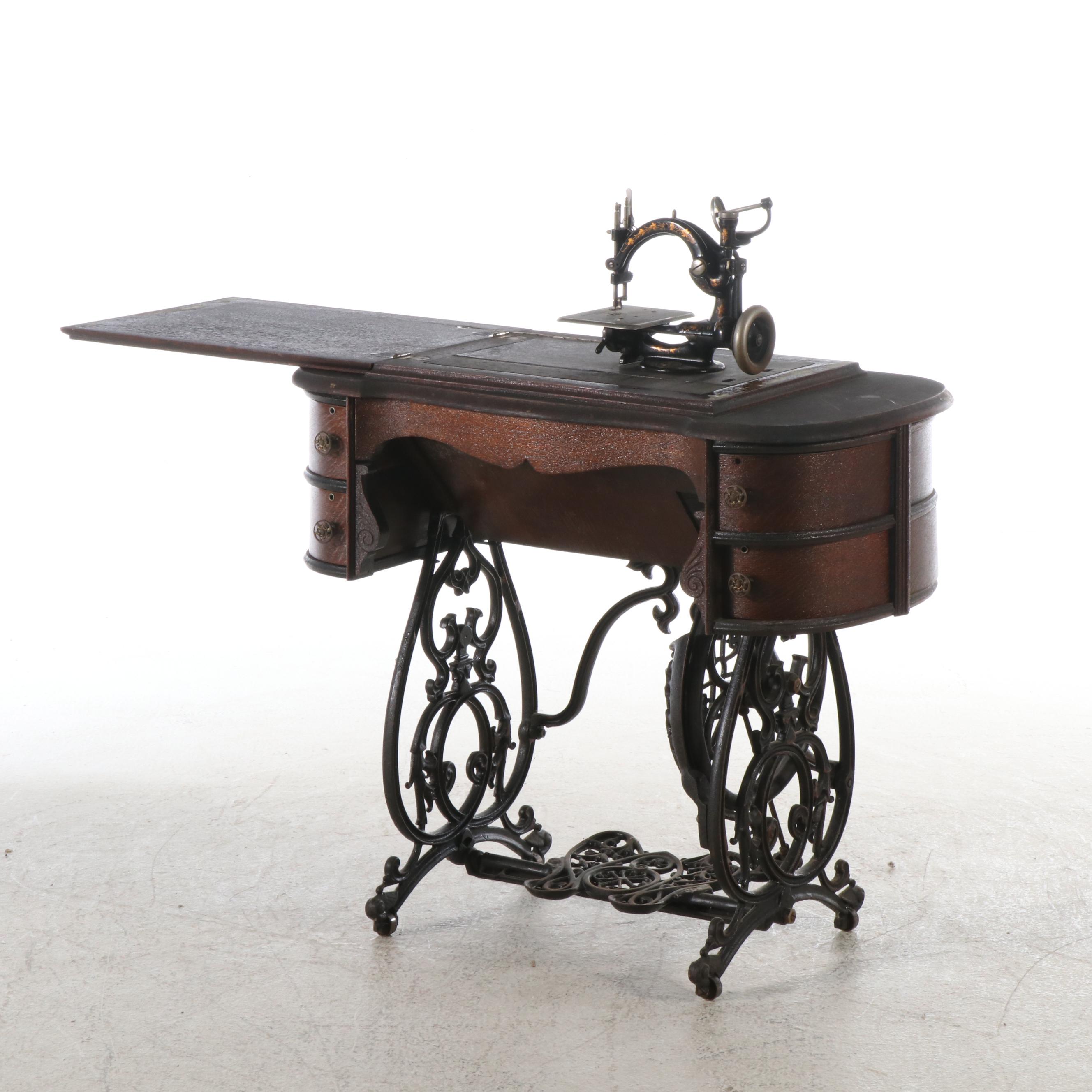 B. Eldredge Badged National Chain-Stitch Sewing Machine & Treadle Table, Antique