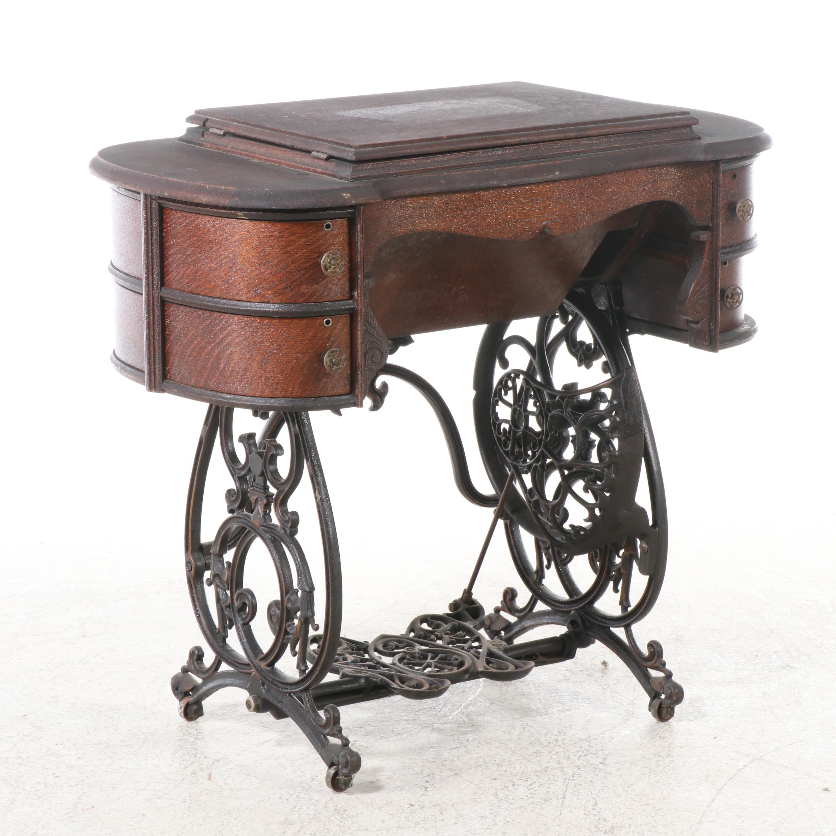 B. Eldredge Badged National Chain-Stitch Sewing Machine & Treadle Table, Antique