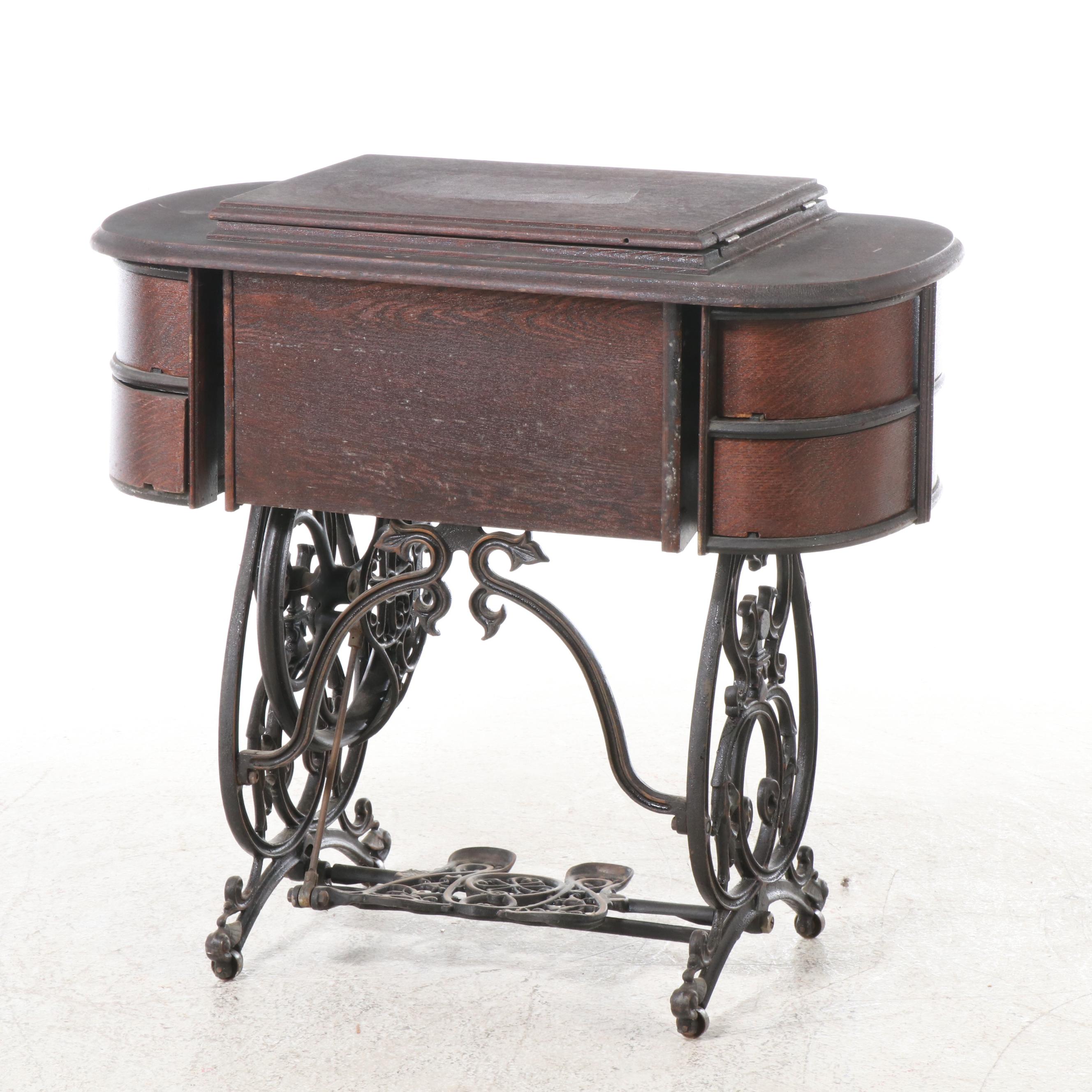 B. Eldredge Badged National Chain-Stitch Sewing Machine & Treadle Table, Antique