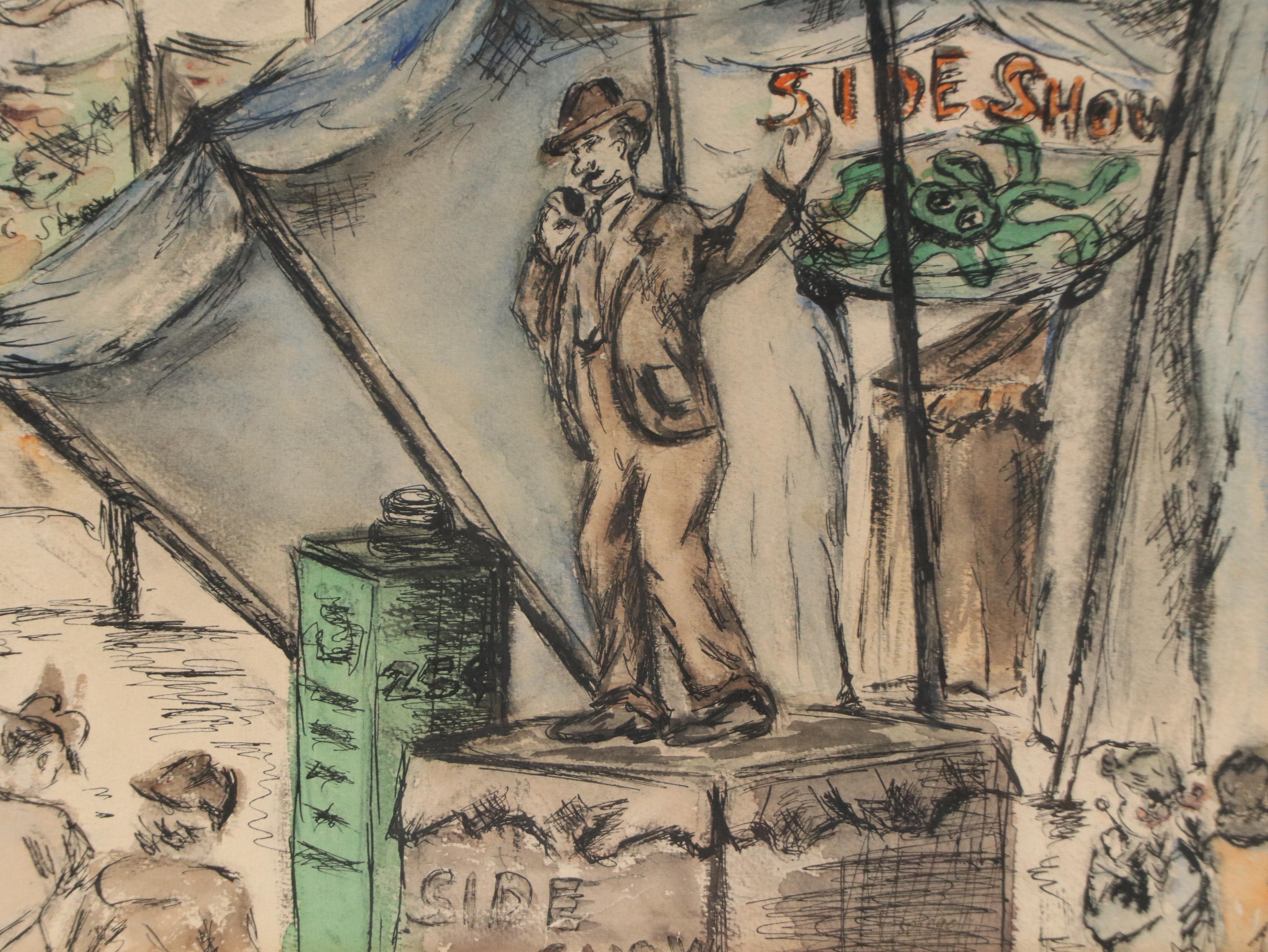 Louis Spiegel Ink and Watercolor Drawing of Circus Sideshow, 1961