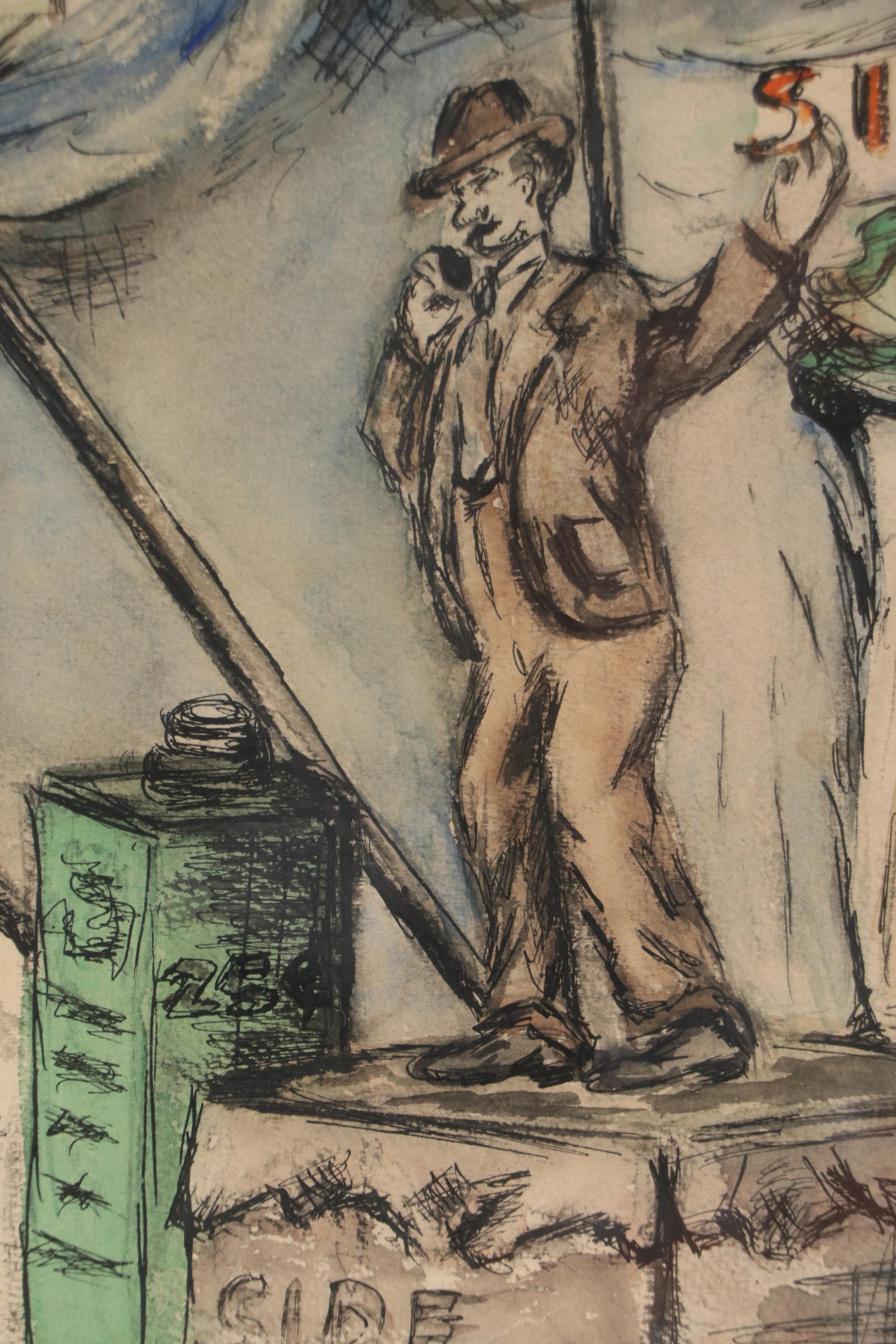 Louis Spiegel Ink and Watercolor Drawing of Circus Sideshow, 1961