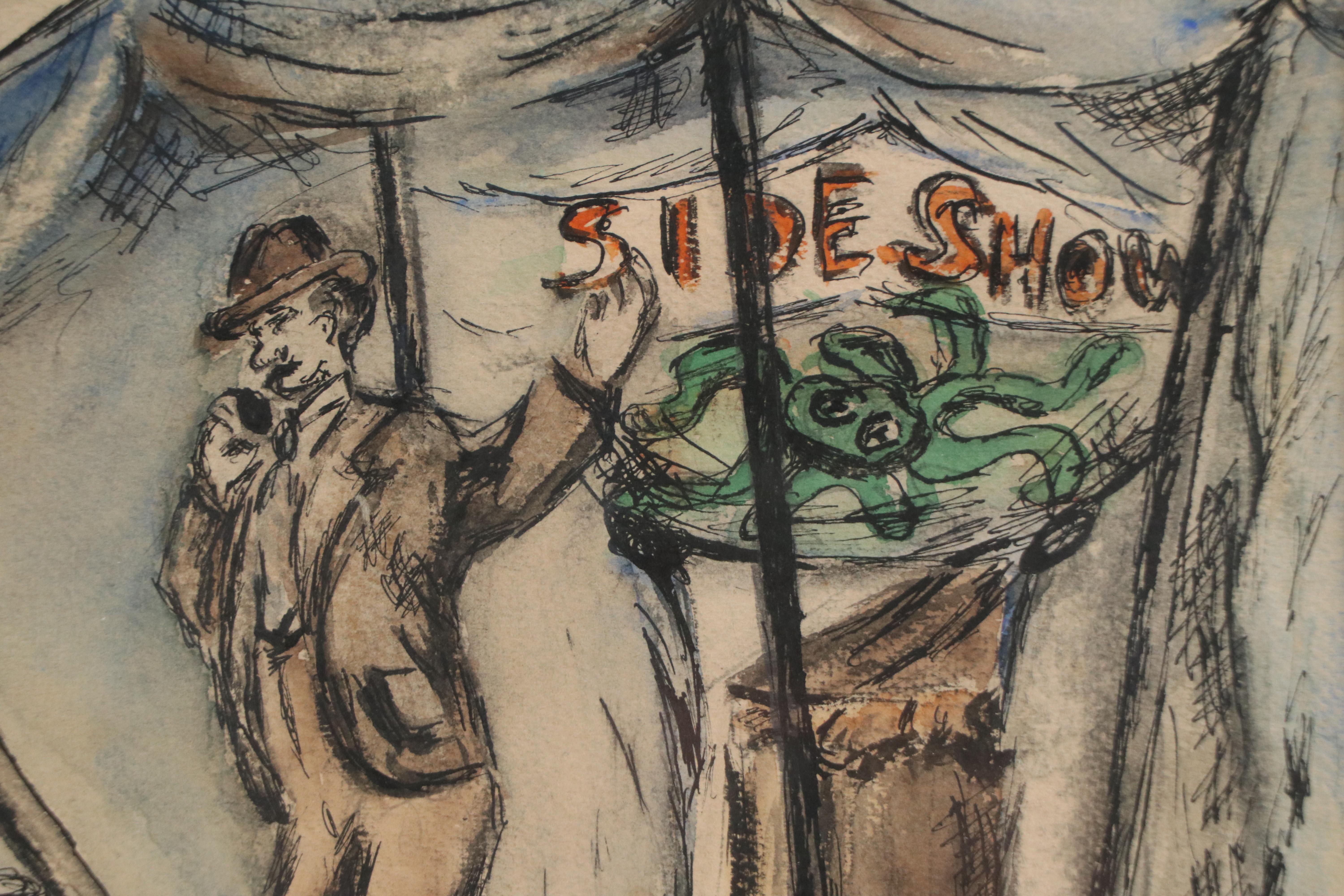 Louis Spiegel Ink and Watercolor Drawing of Circus Sideshow, 1961