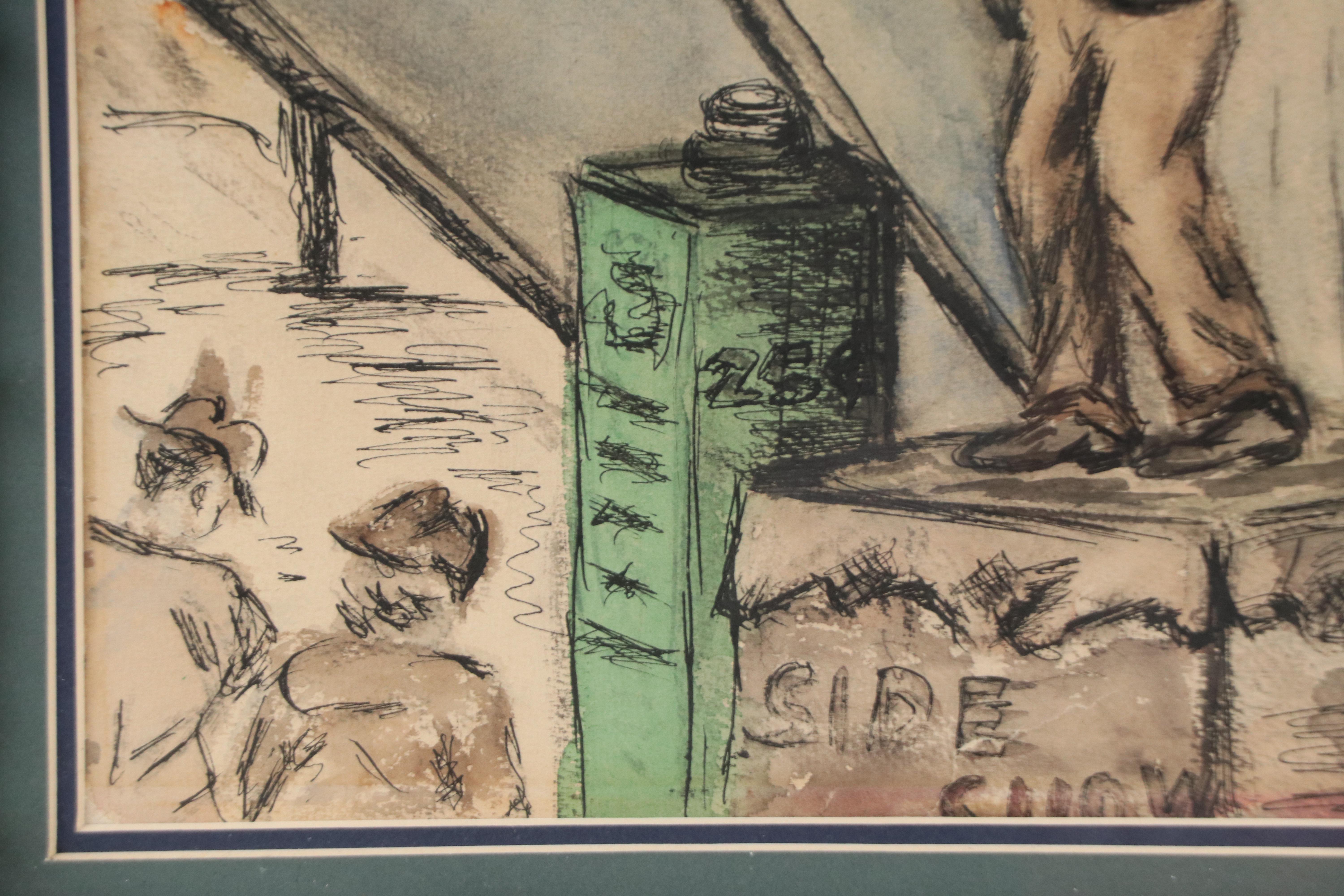 Louis Spiegel Ink and Watercolor Drawing of Circus Sideshow, 1961