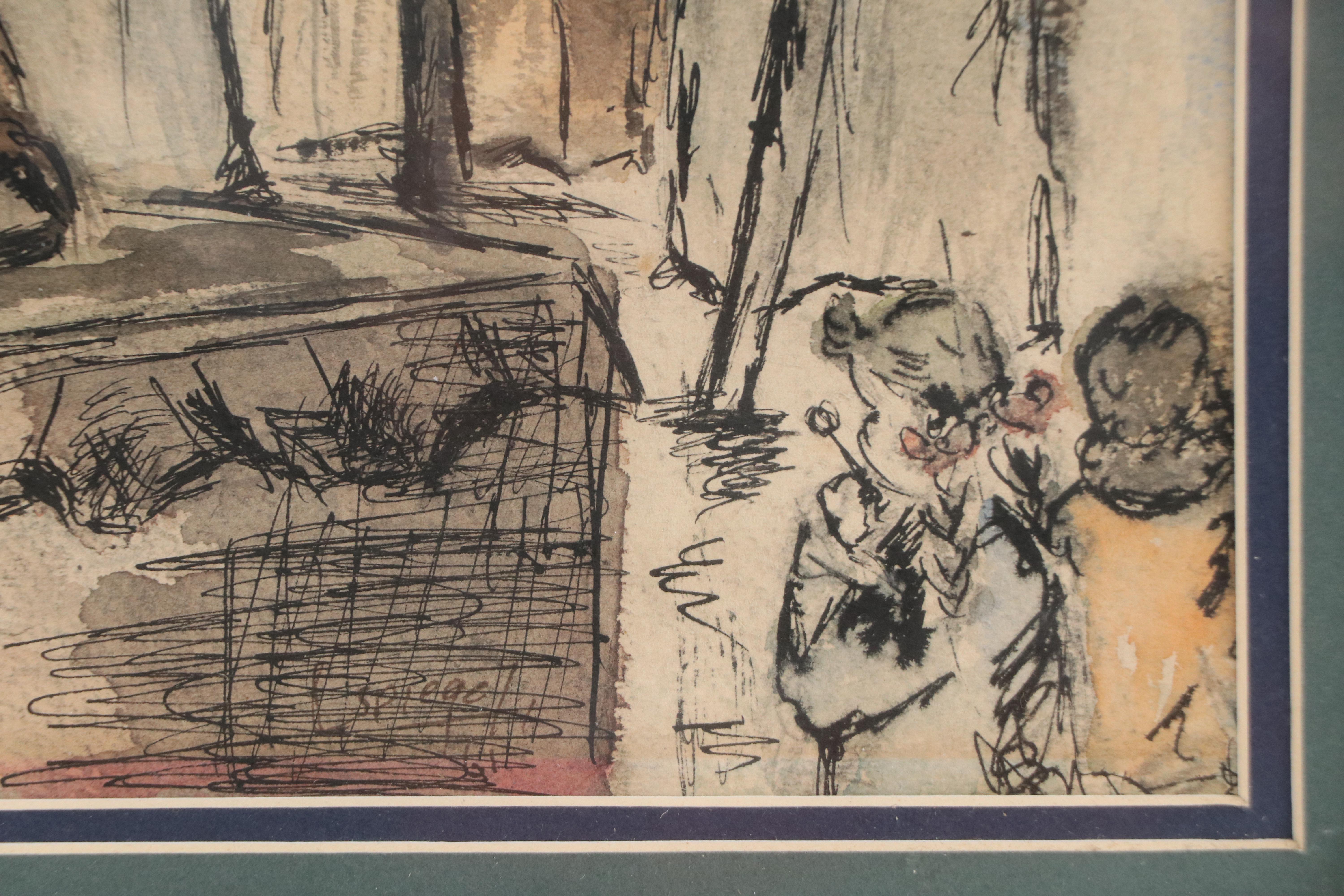 Louis Spiegel Ink and Watercolor Drawing of Circus Sideshow, 1961