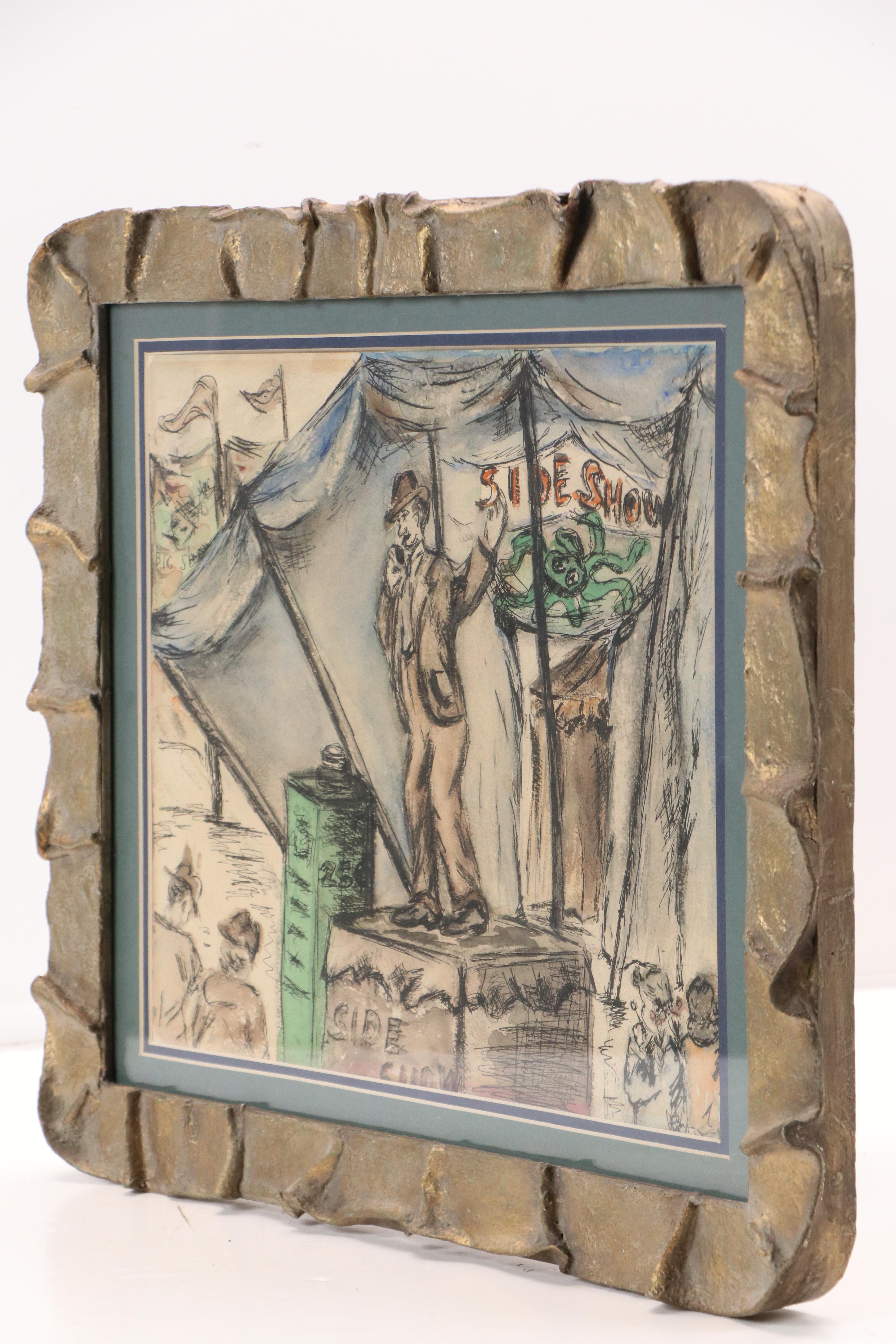 Louis Spiegel Ink and Watercolor Drawing of Circus Sideshow, 1961