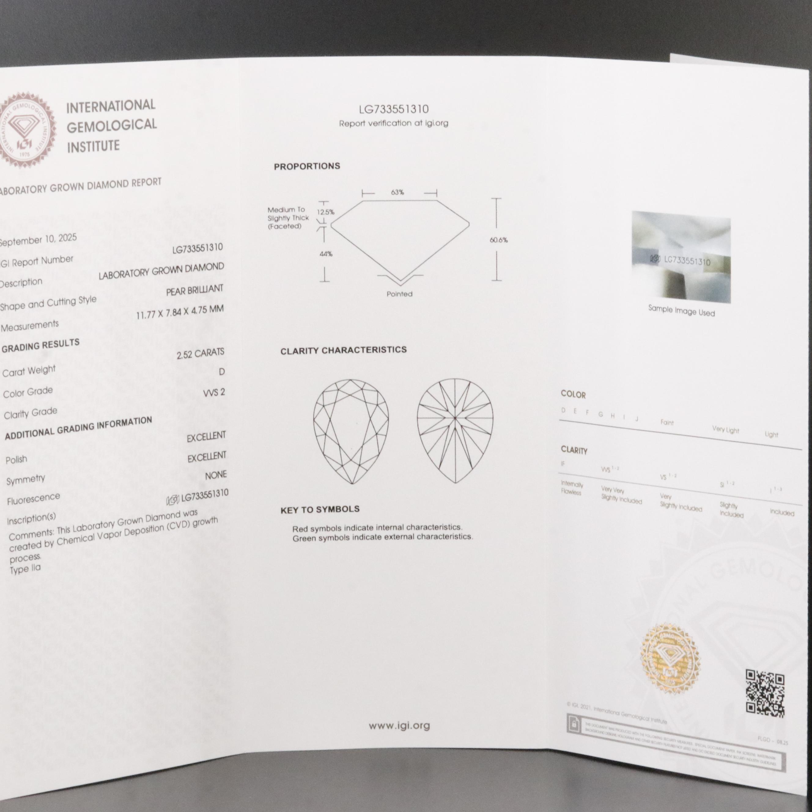 Loose 2.52 CT Lab Grown Diamond with IGI Report