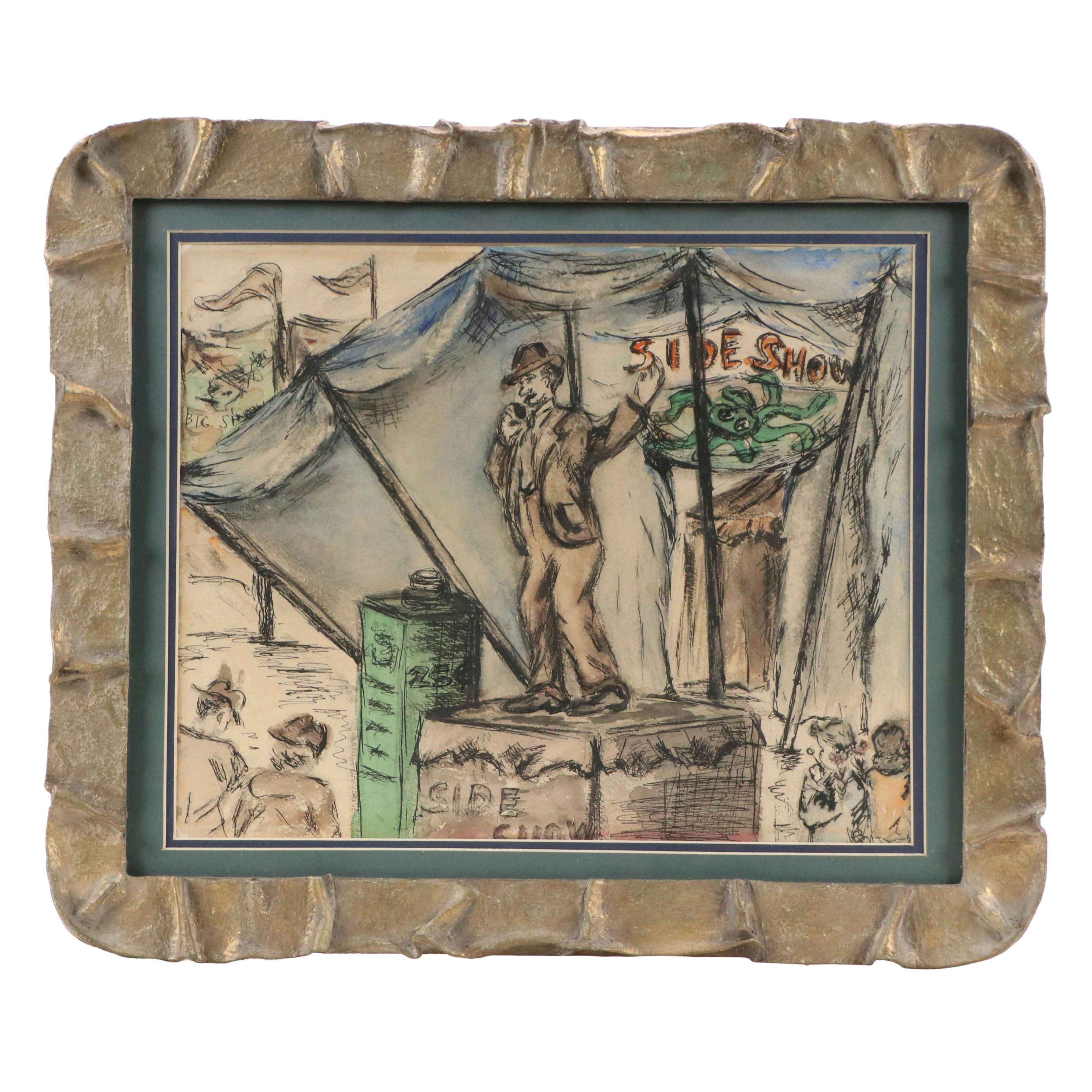 Louis Spiegel Ink and Watercolor Drawing of Circus Sideshow, 1961