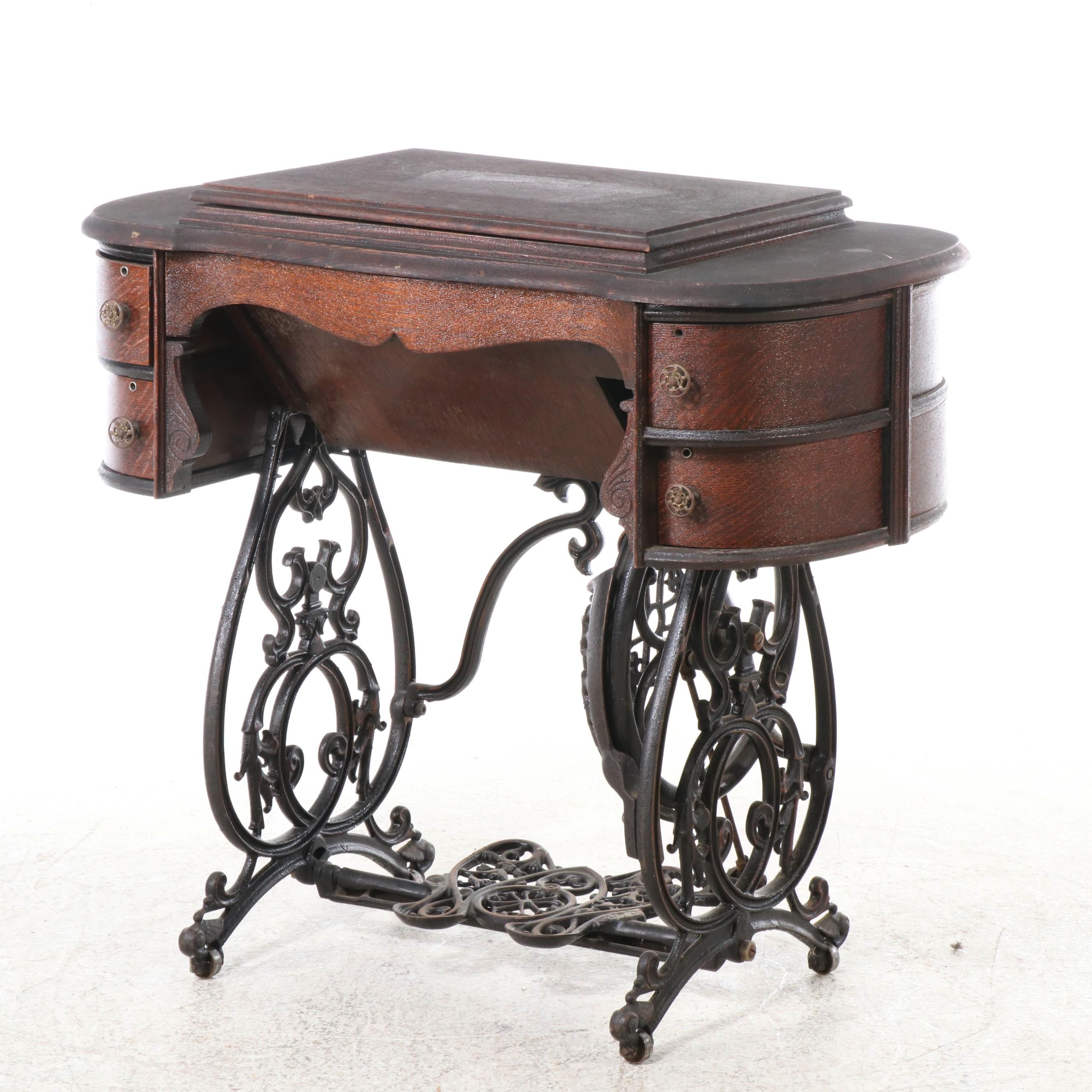 B. Eldredge Badged National Chain-Stitch Sewing Machine & Treadle Table, Antique