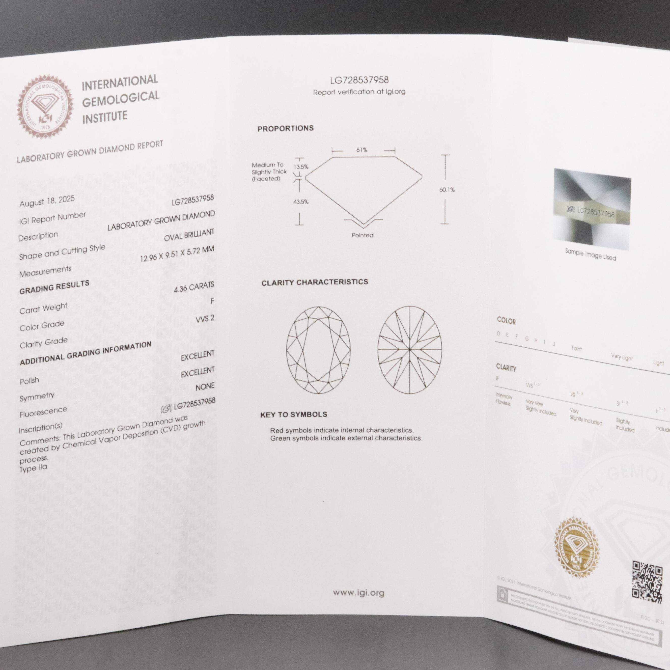 Loose 4.36 CT Lab Grown Diamond with IGI Report