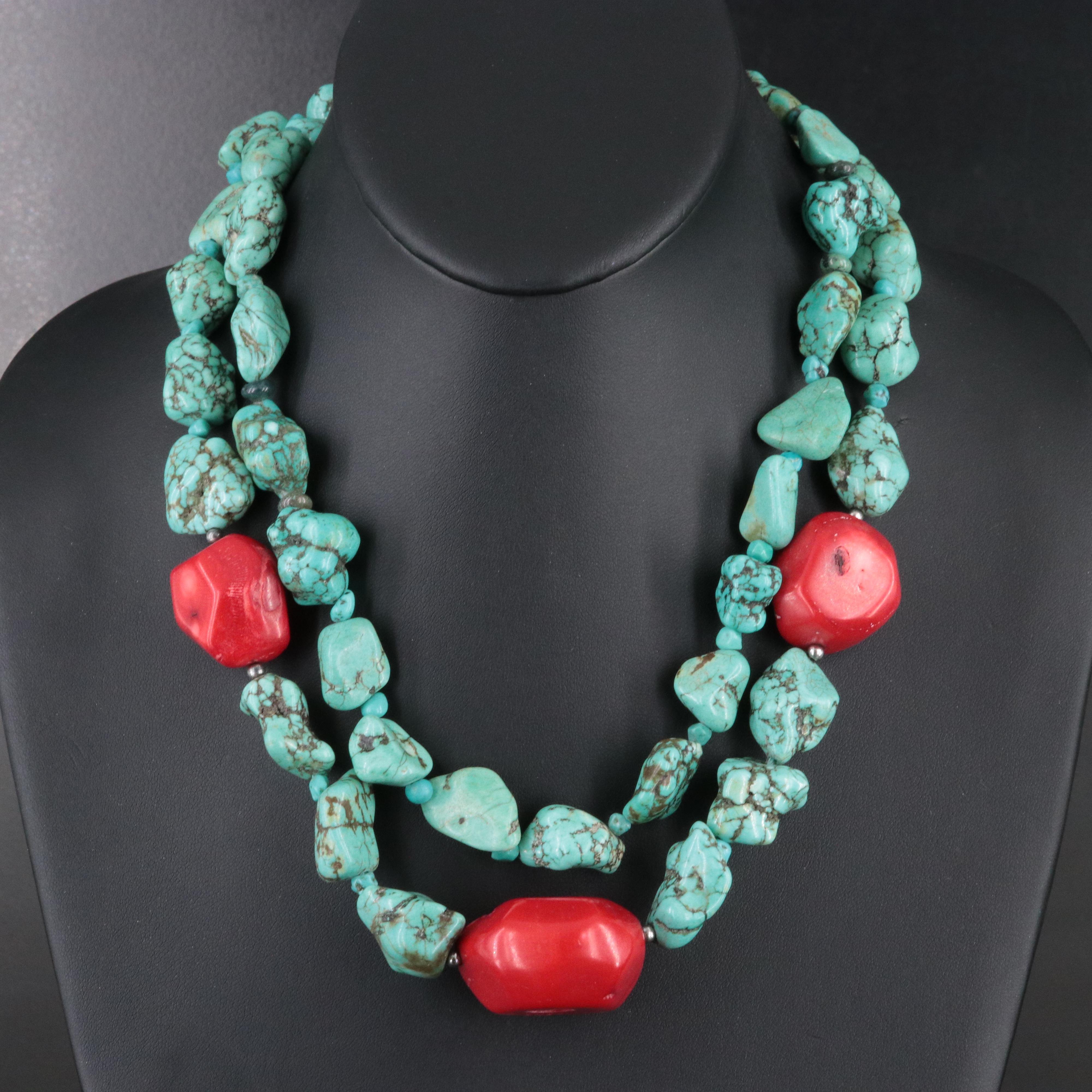 Coral and Magnesite Double Strand Necklace with Sterling Clasp