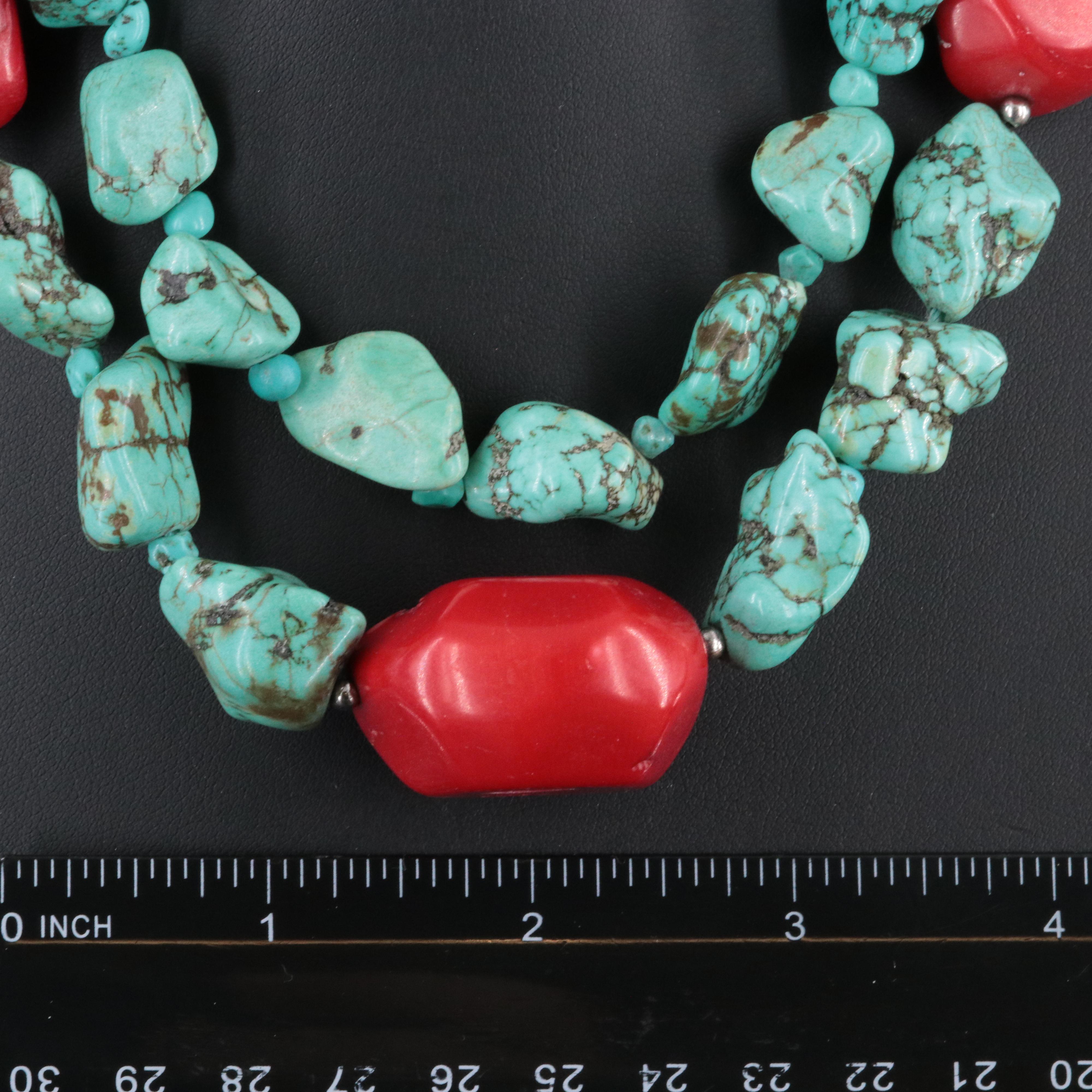 Coral and Magnesite Double Strand Necklace with Sterling Clasp
