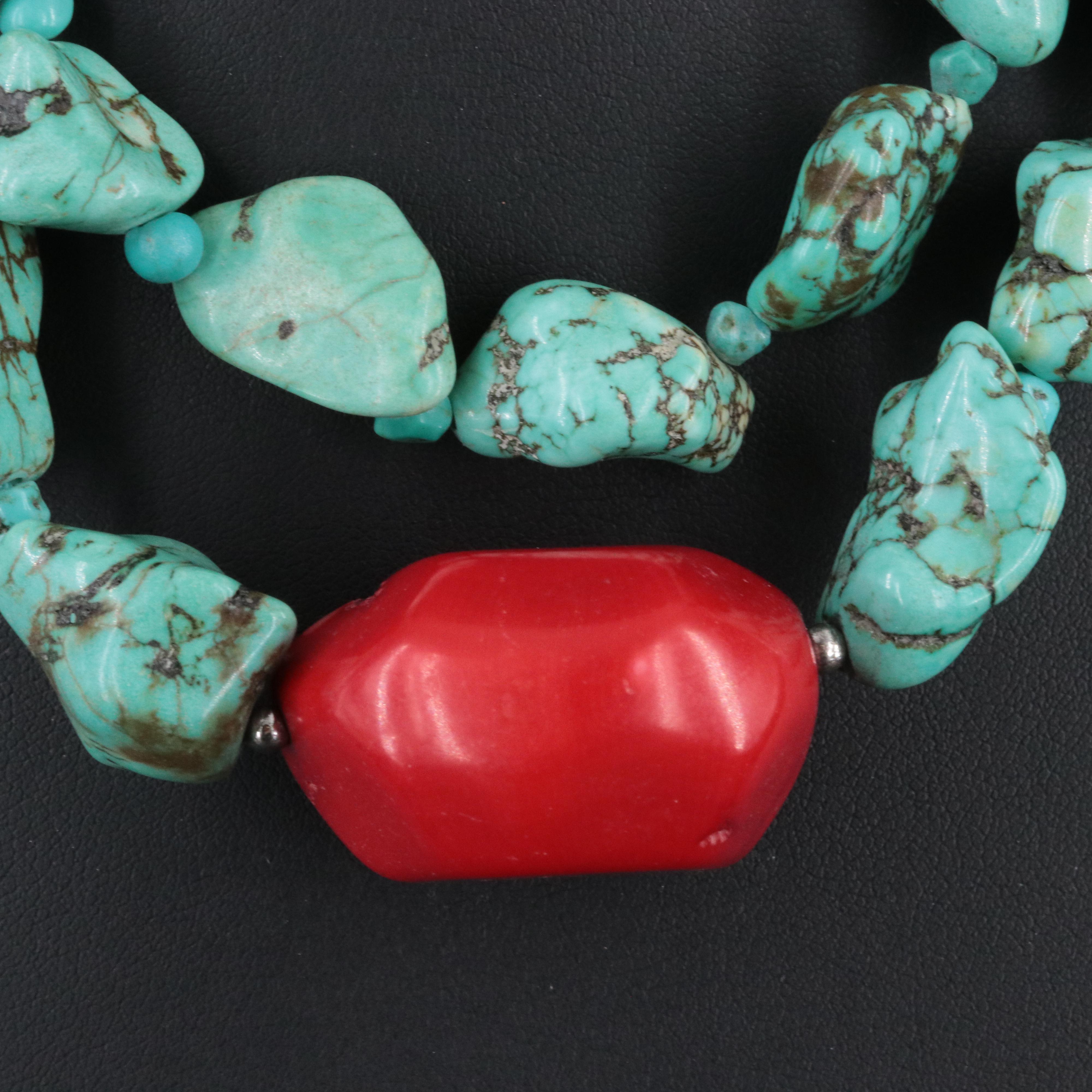 Coral and Magnesite Double Strand Necklace with Sterling Clasp
