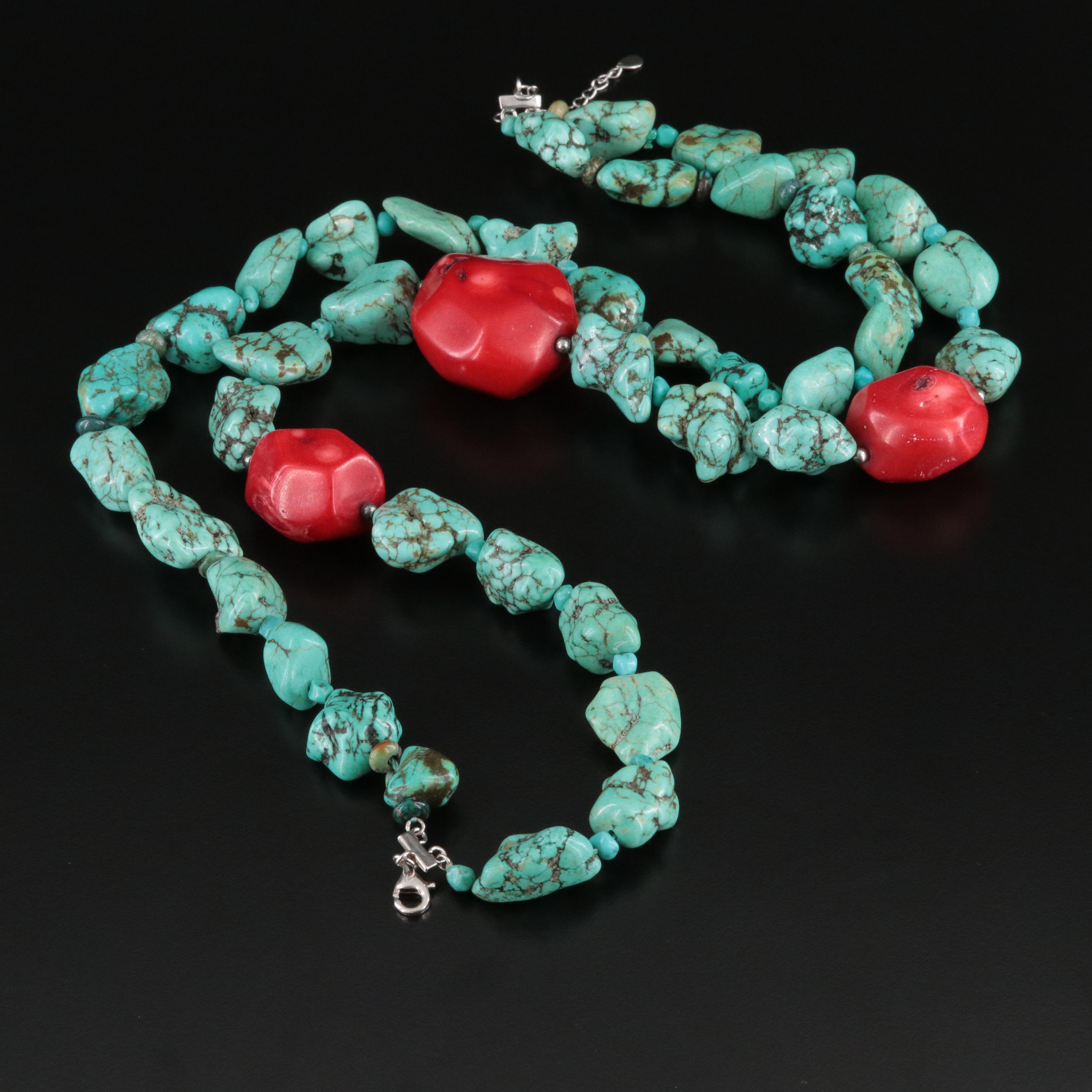 Coral and Magnesite Double Strand Necklace with Sterling Clasp