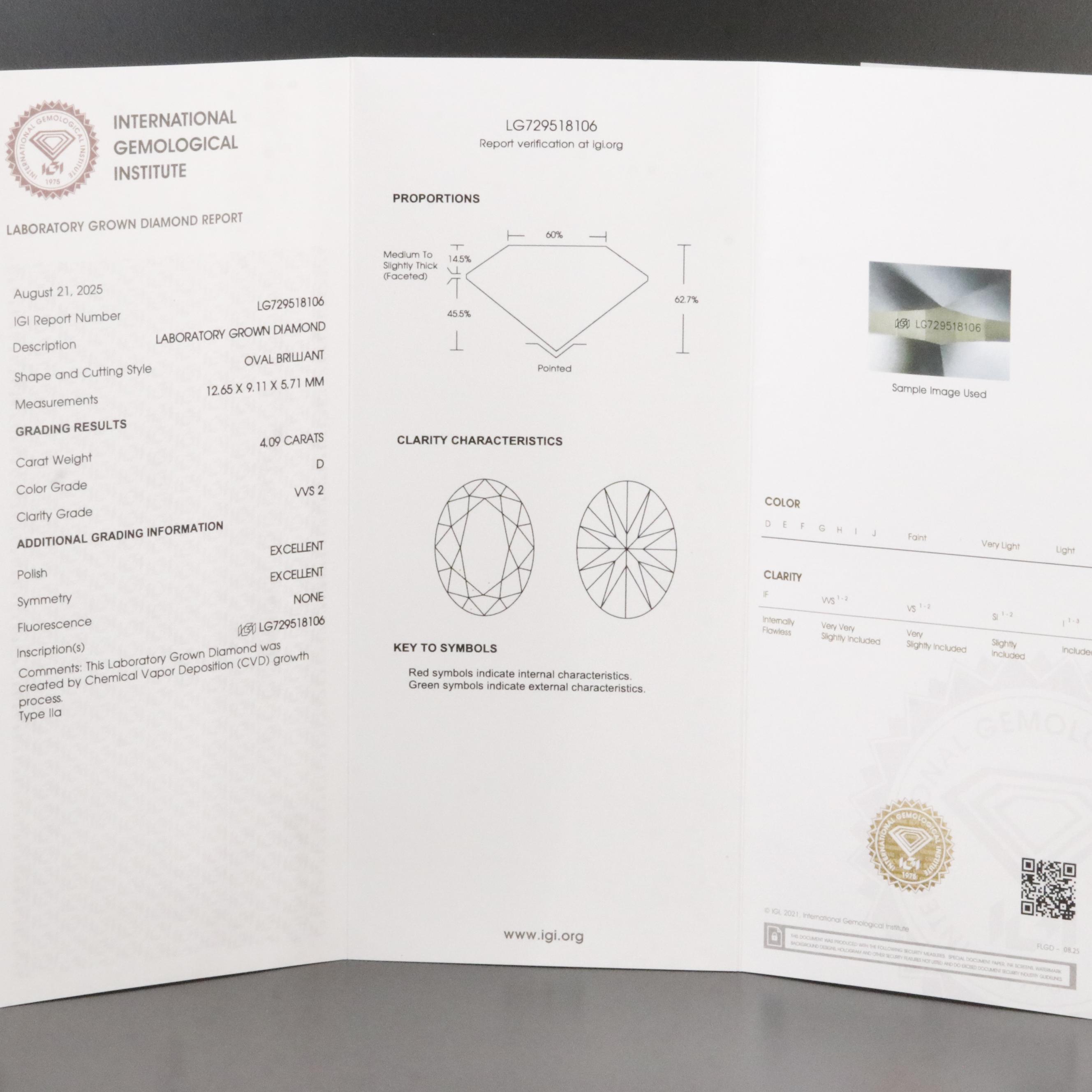 Loose 4.09 CT Lab Grown Diamond with IGI Report