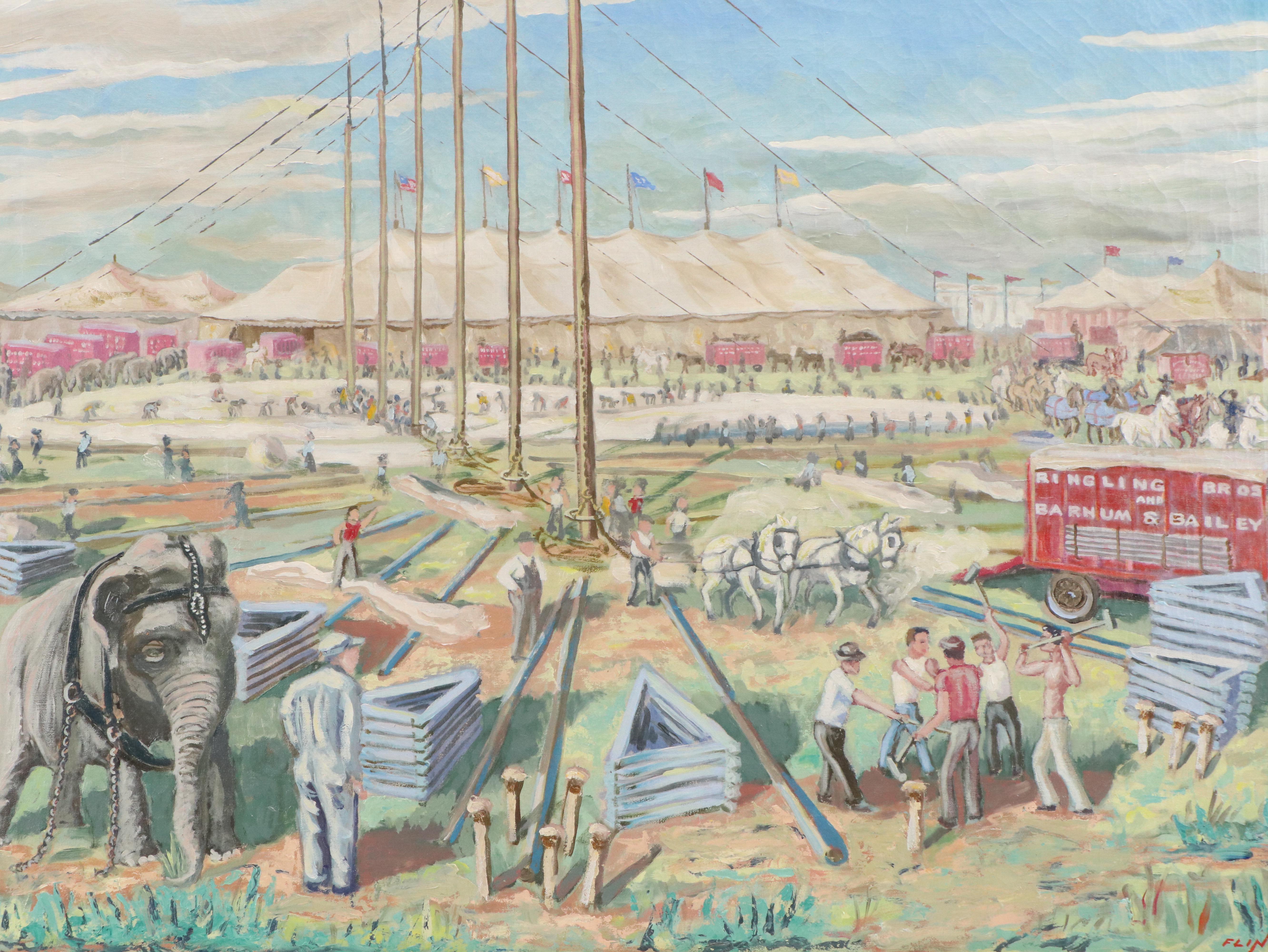 Flint Oil Painting of Ringling Bros and Barnum & Bailey Circus, Early 20th C.