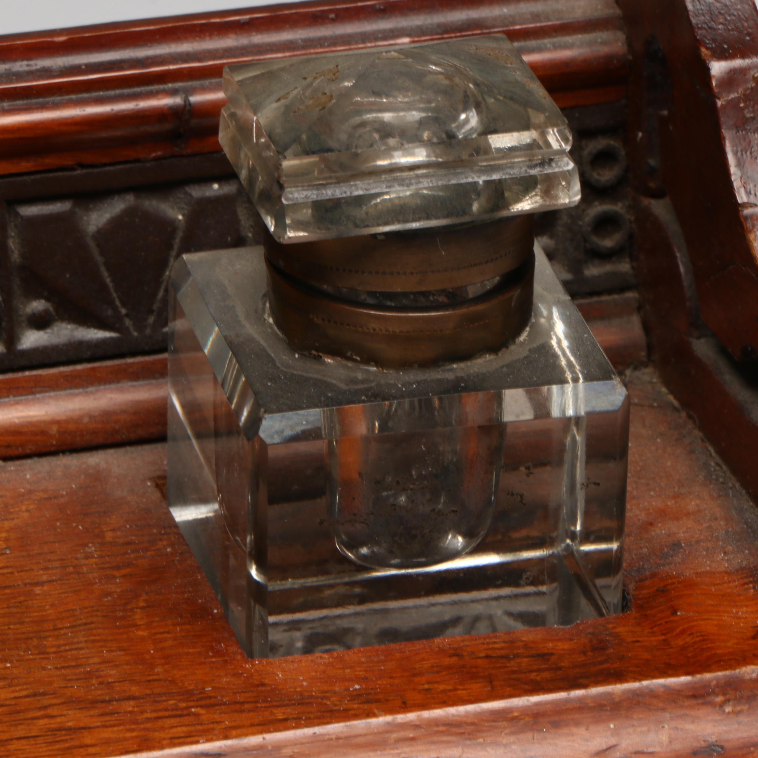 Edwardian Oak Inkstand with Cut Glass and Brass Inkwells