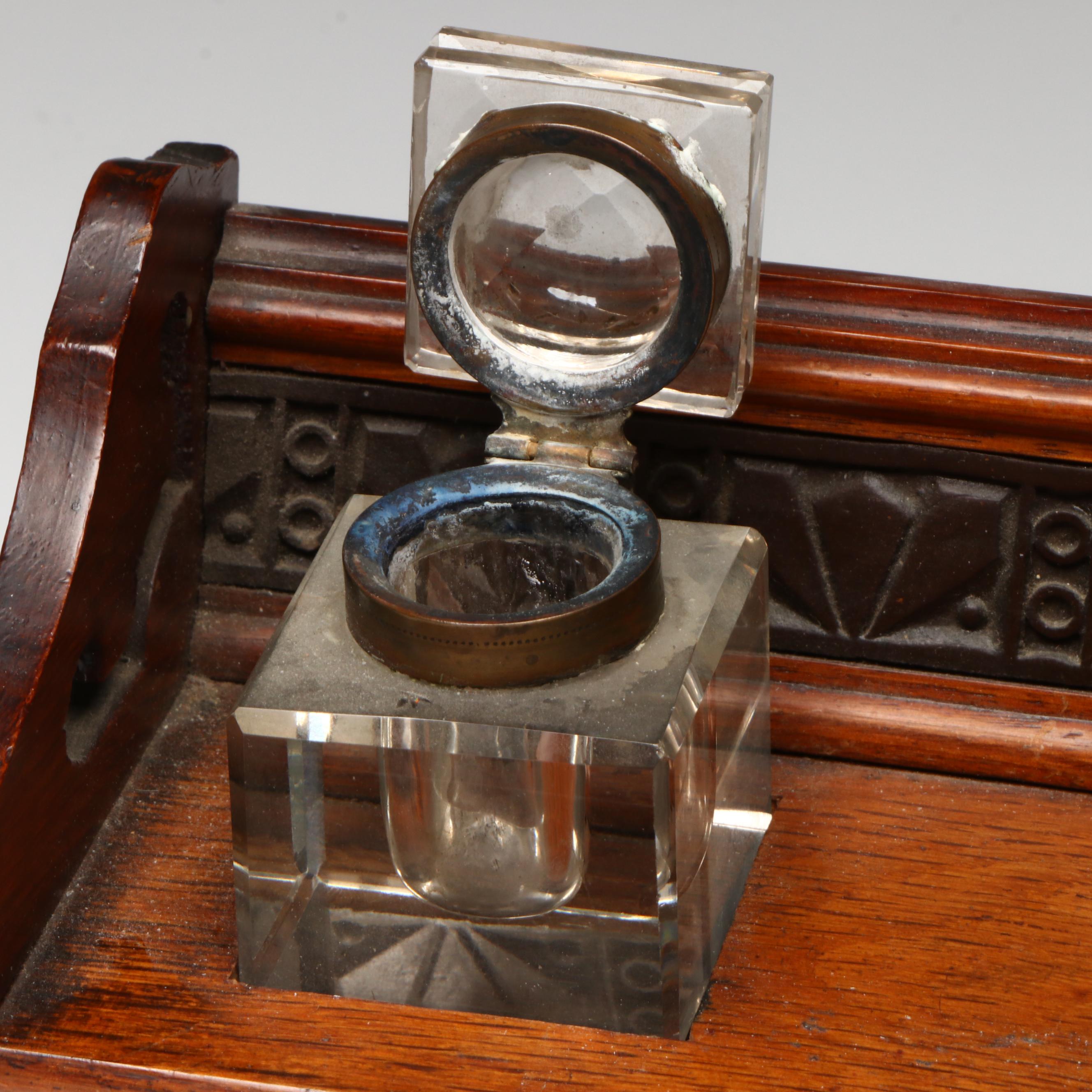 Edwardian Oak Inkstand with Cut Glass and Brass Inkwells