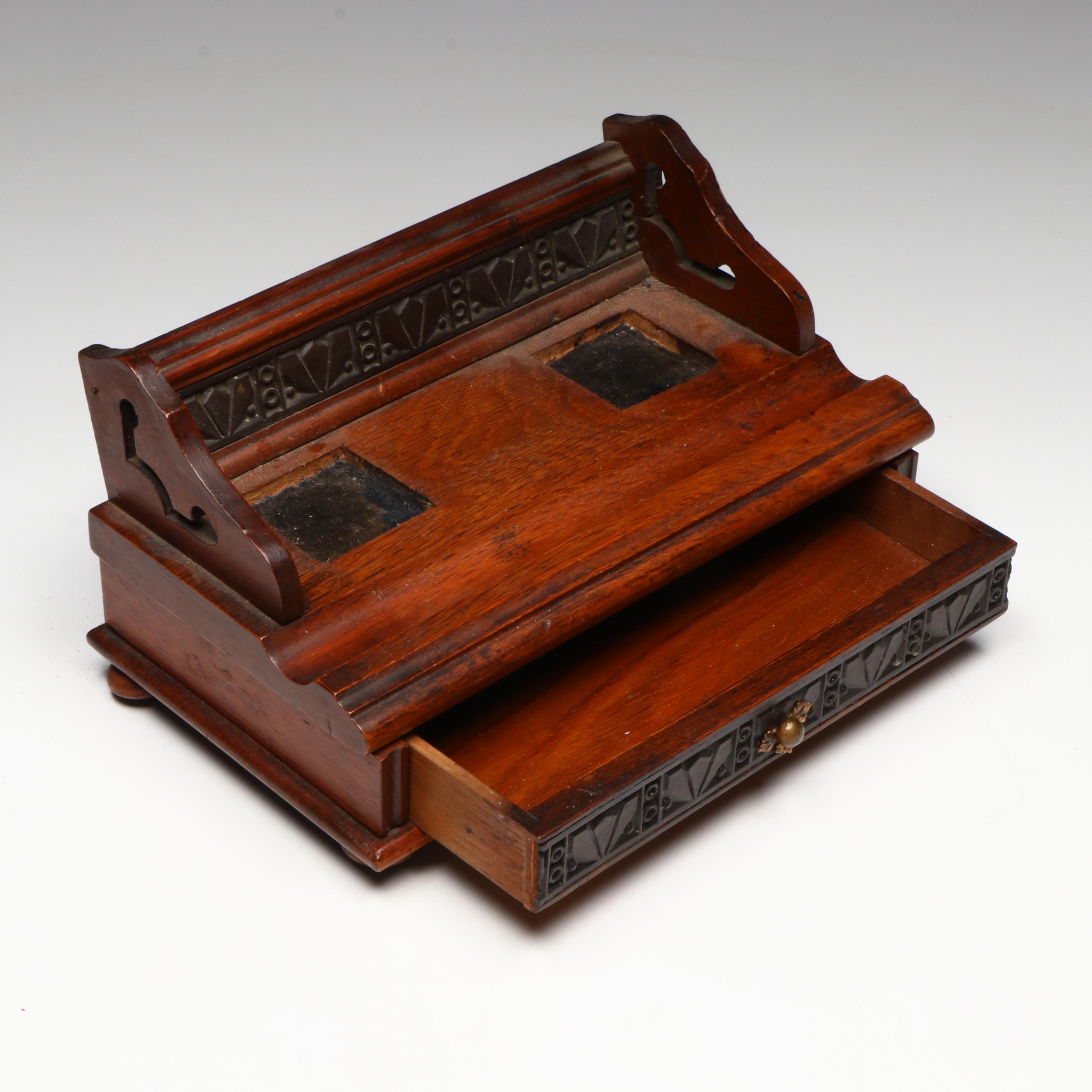 Edwardian Oak Inkstand with Cut Glass and Brass Inkwells